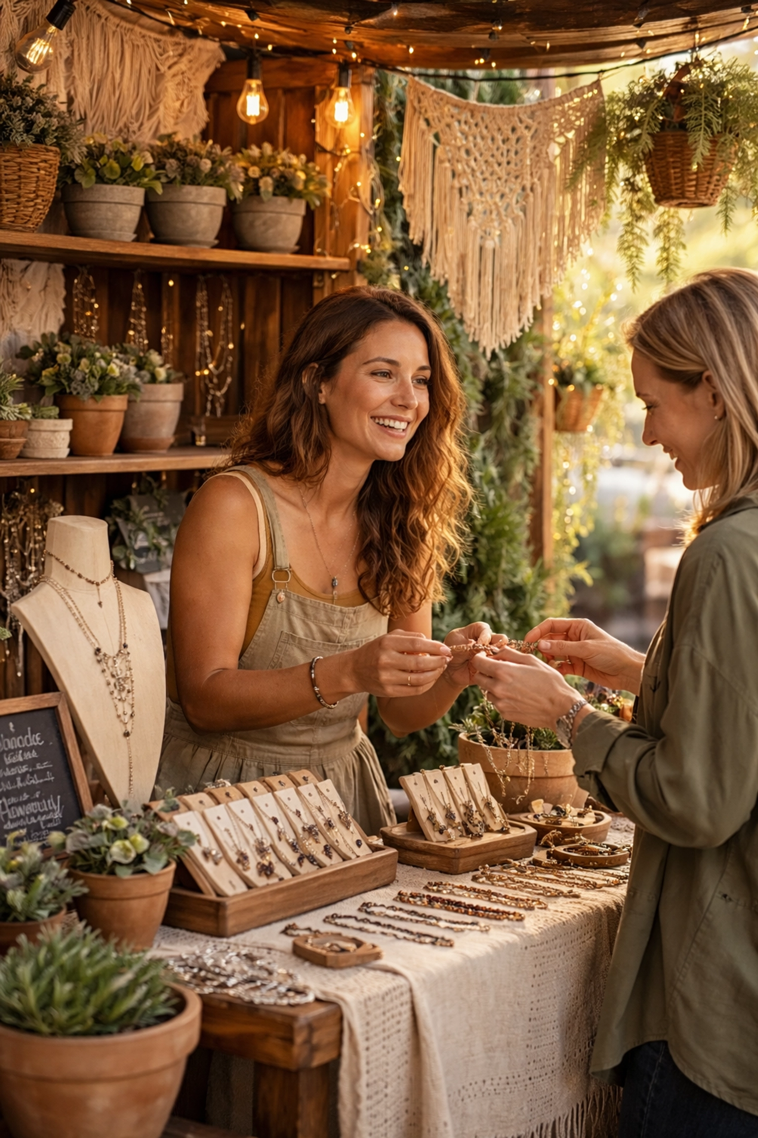 Vendor and customer interacting at a rustic craft show booth showcasing handmade jewelry and woven decor.
