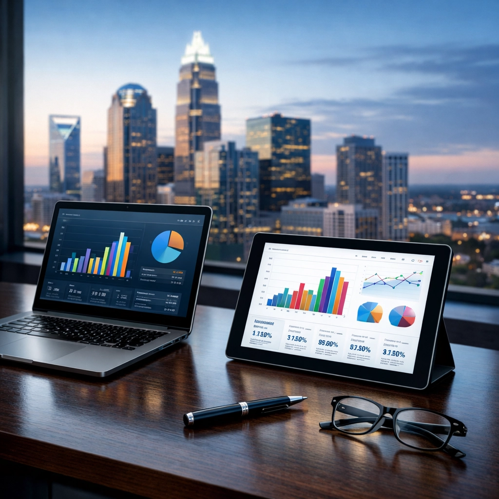 Financial reports and business valuation data on a desk with a view of the Charlotte North Carolina skyline.