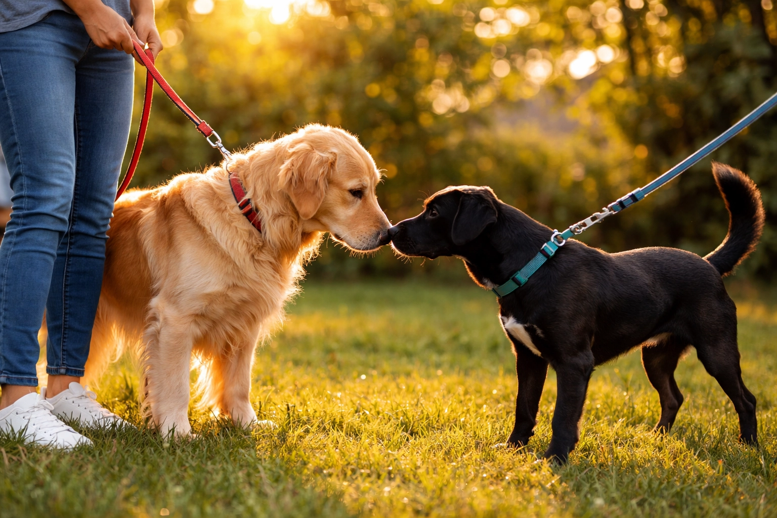 Two dogs meeting on leashes during a calm outdoor foster dog introduction
