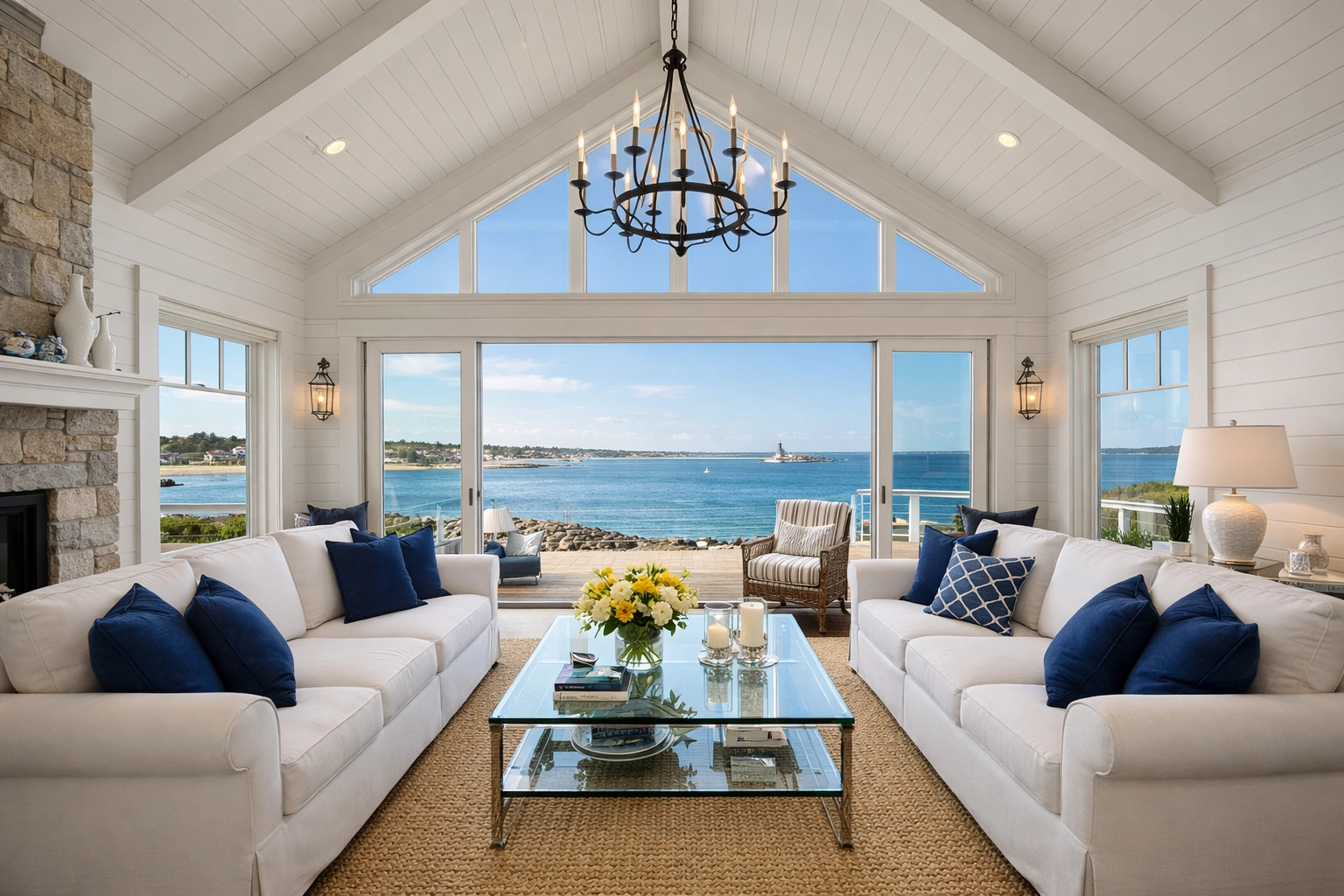 A Duxbury living room with ocean views after a premium luxury residential cleaning service.