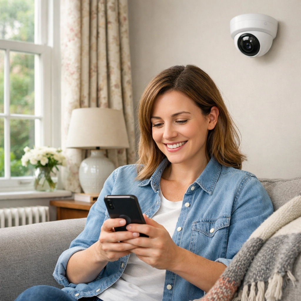 Homeowner in Bournemouth using a mobile app to monitor integrated home security cameras.