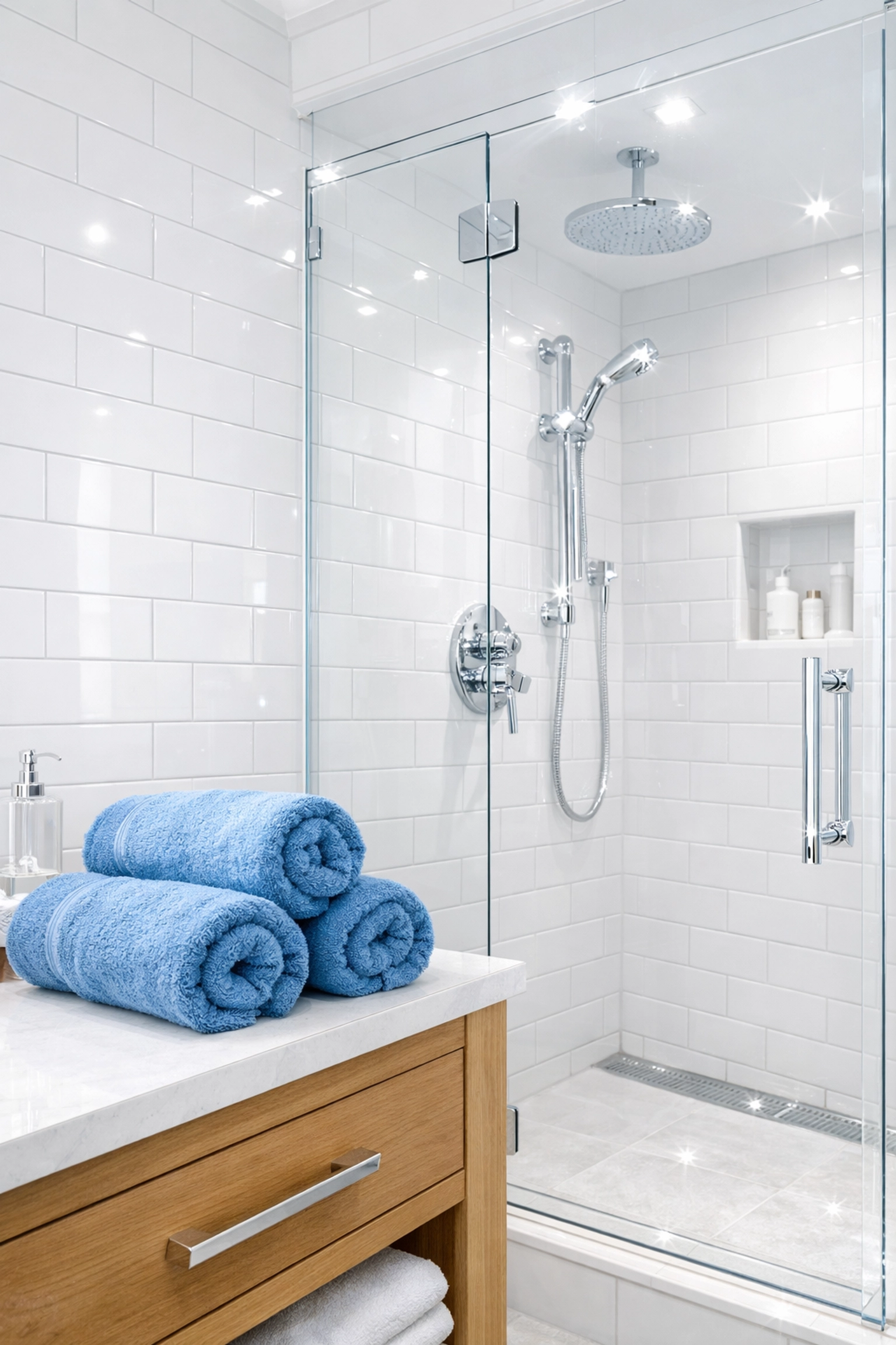 Sparkling streak-free master bathroom shower from professional house cleaning in Holliston, MA.