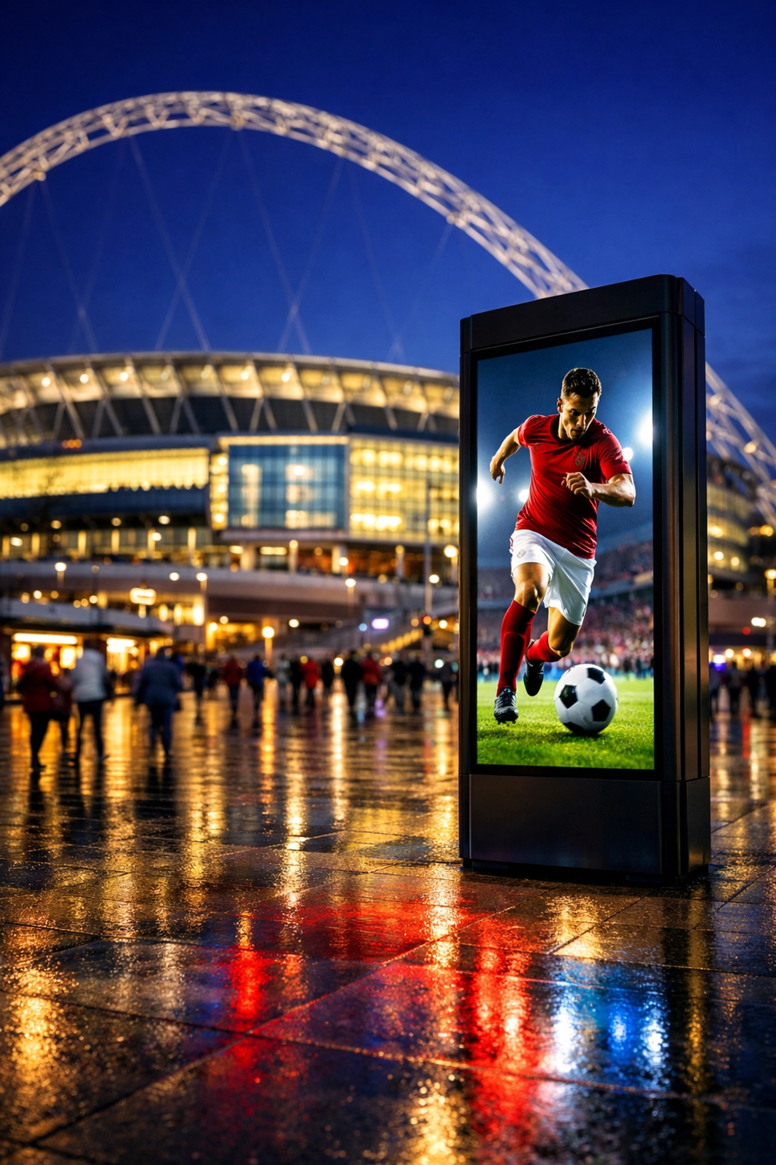 Digital out-of-home screen near a stadium at dusk, showing sports creative to passing fans