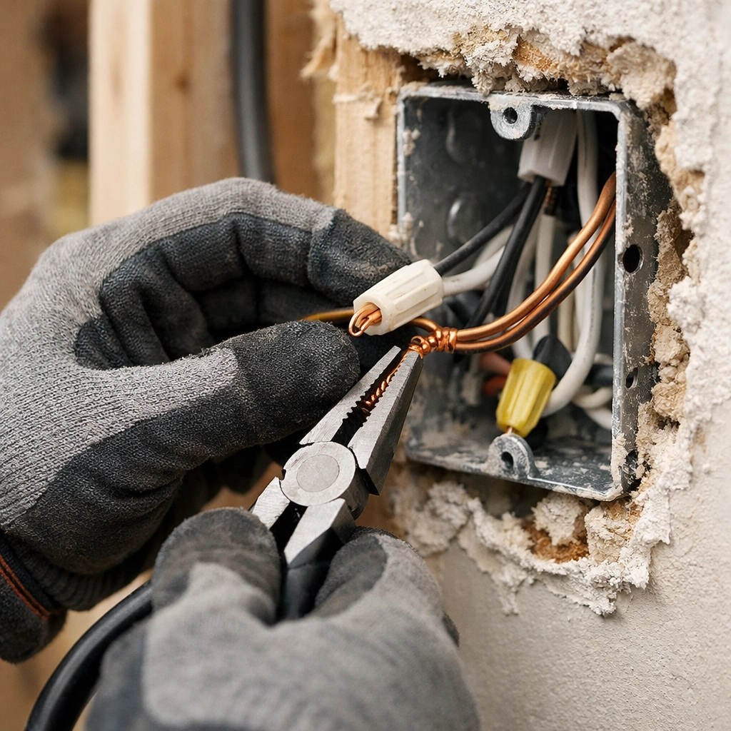 Worker safely disconnecting electrical wiring from junction box during interior demolition