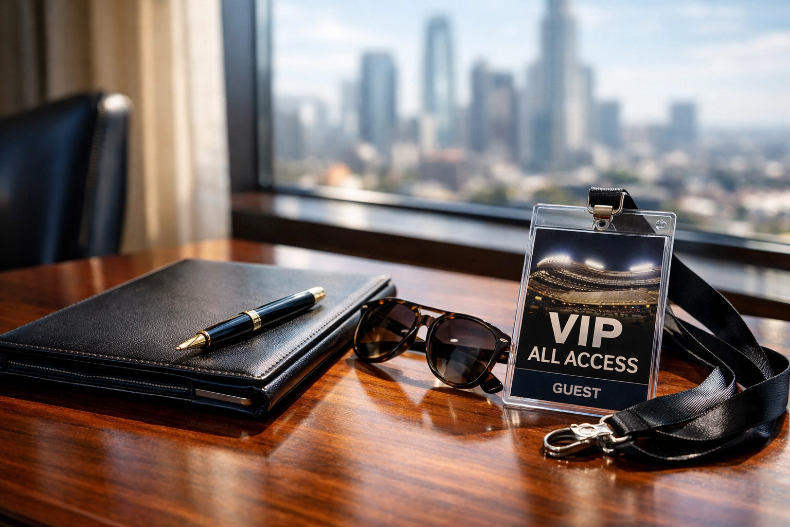 NEWSLETTER: The Ultimate Guide to High-Stakes Super Bowl Travel Management: Everything You Need to Succeed VIP event credentials and luxury office accessories representing Super Bowl corporate travel ROI.