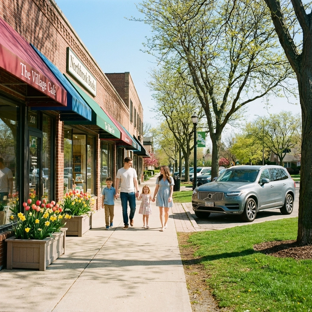 Sunlit Northbrook downtown street with a family walking near local shops and green spaces in a top Chicago suburb.