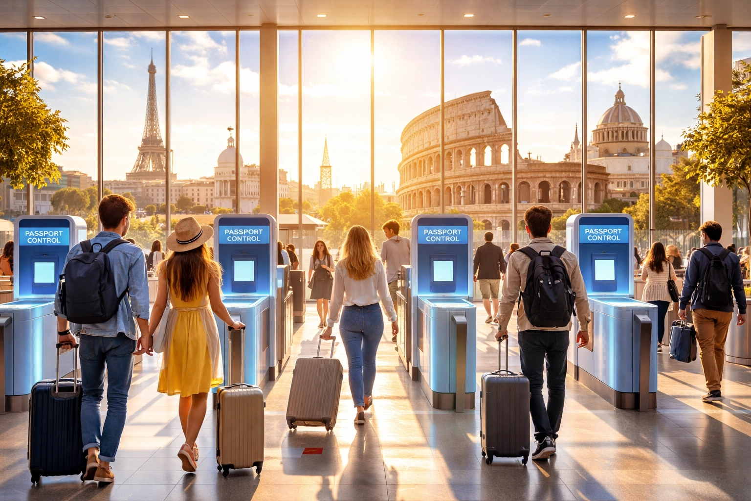 Modern European airport terminal with travelers heading to passport control, Eiffel Tower and Colosseum in view, illustrating new entry rules