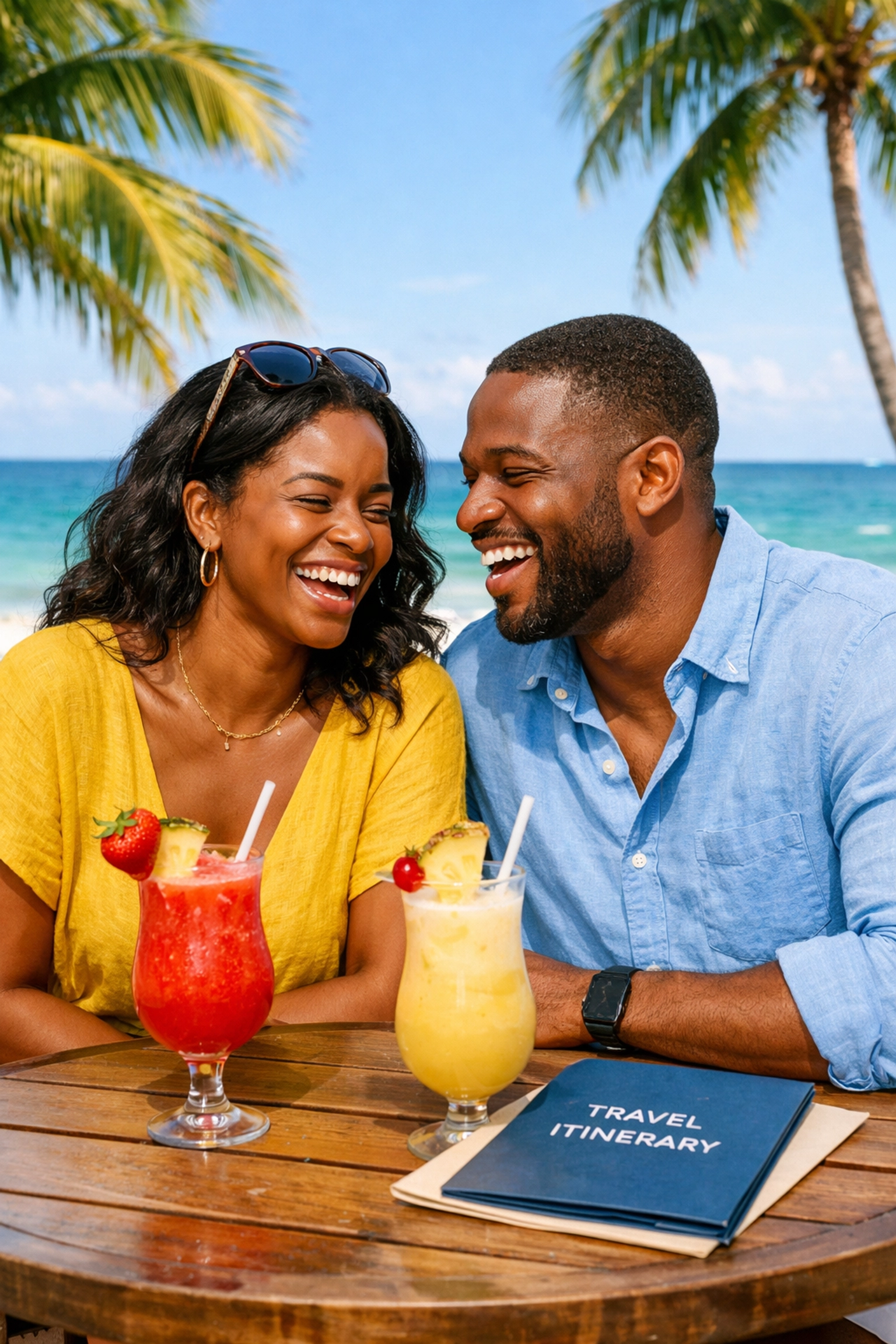 Couple relaxing at beachside cafe enjoying stress-free vacation with custom itinerary