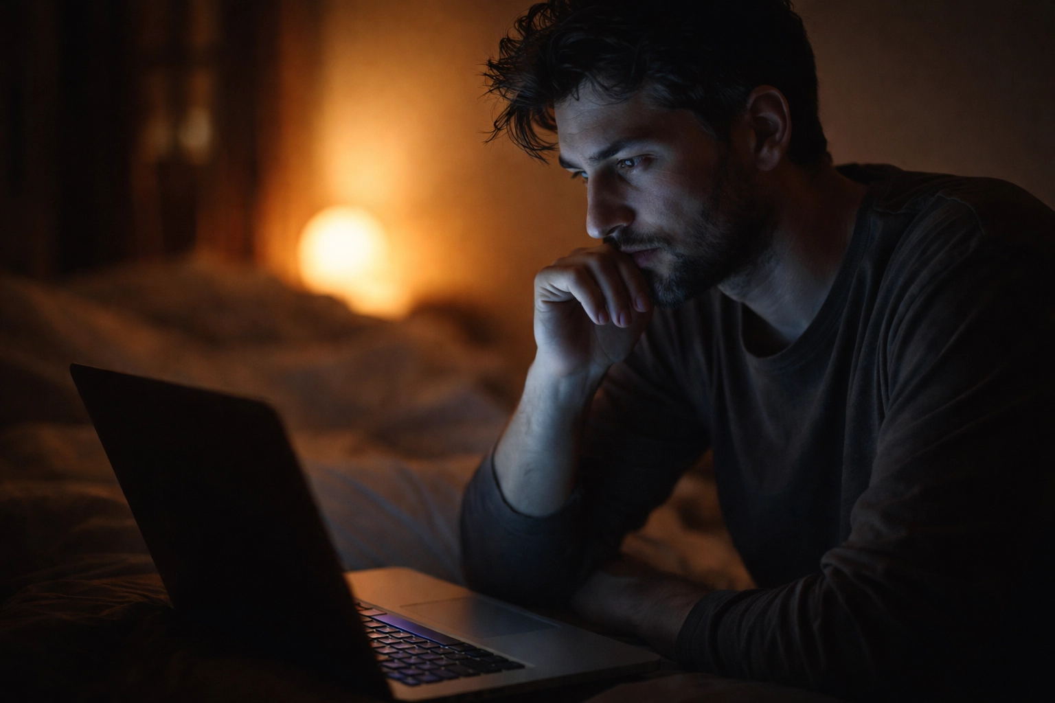 Egy férfi egyedül ül hálószobájában, laptop fényében elmélkedik a pornófüggőség okairól.