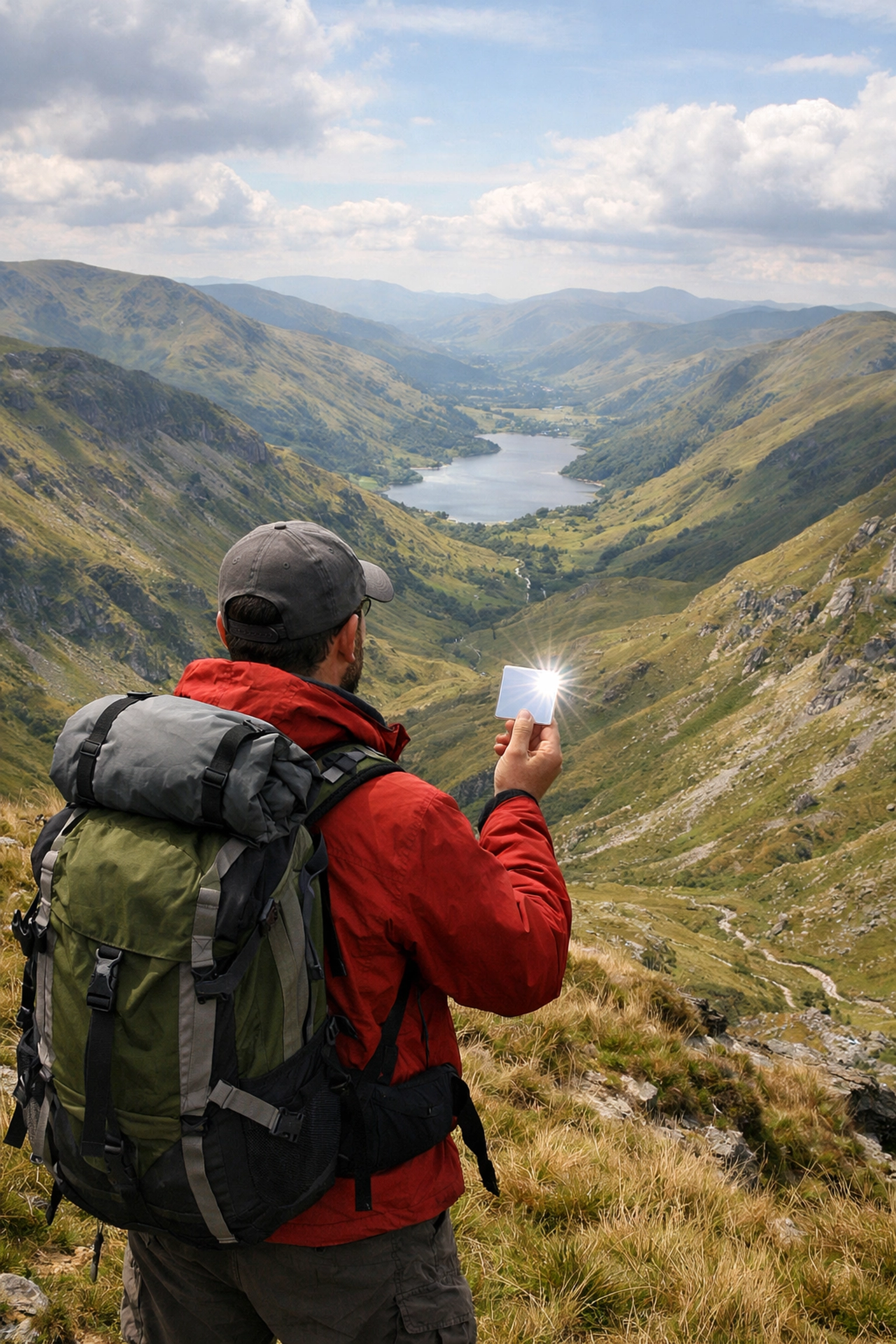 Hiker using a signal mirror on a scenic Lake District ridge for outdoor survival and safety.