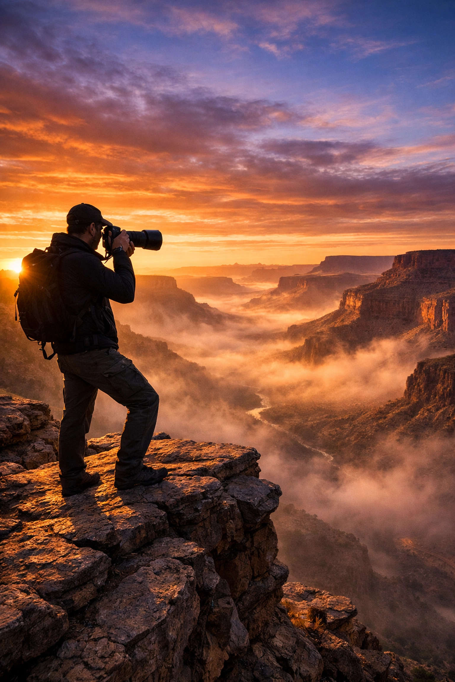 Professional mirrorless camera used by a photographer capturing an epic canyon sunrise landscape photo.