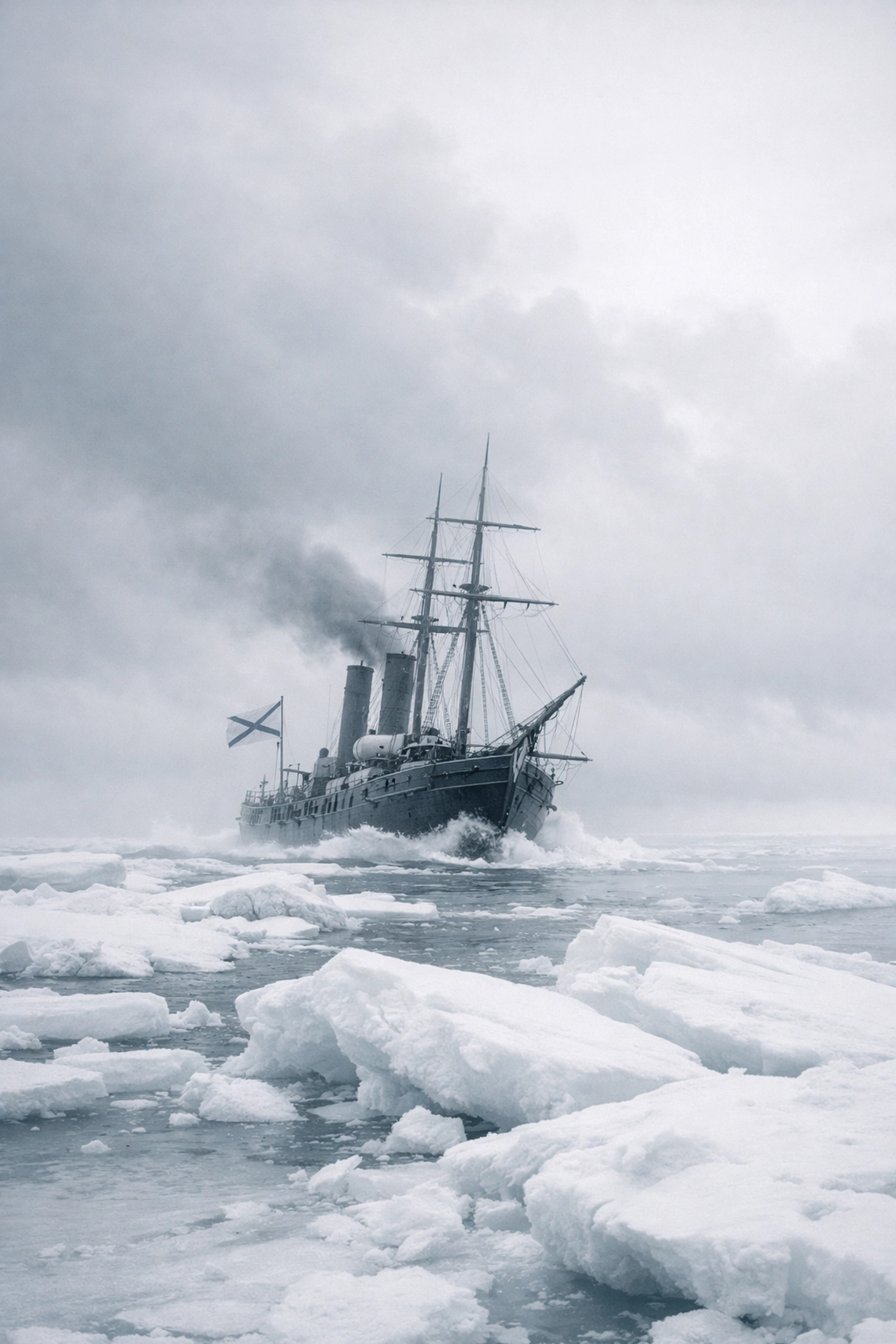 Russian naval ship navigating icy Arctic waters during Crimean War era, illustrating Alaska supply challenges