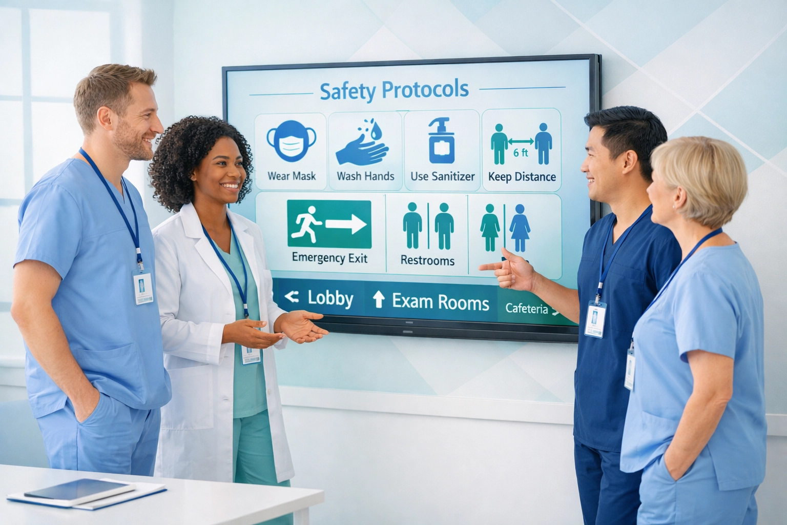 Treatment facility staff training on safety protocols using digital displays and visual communication