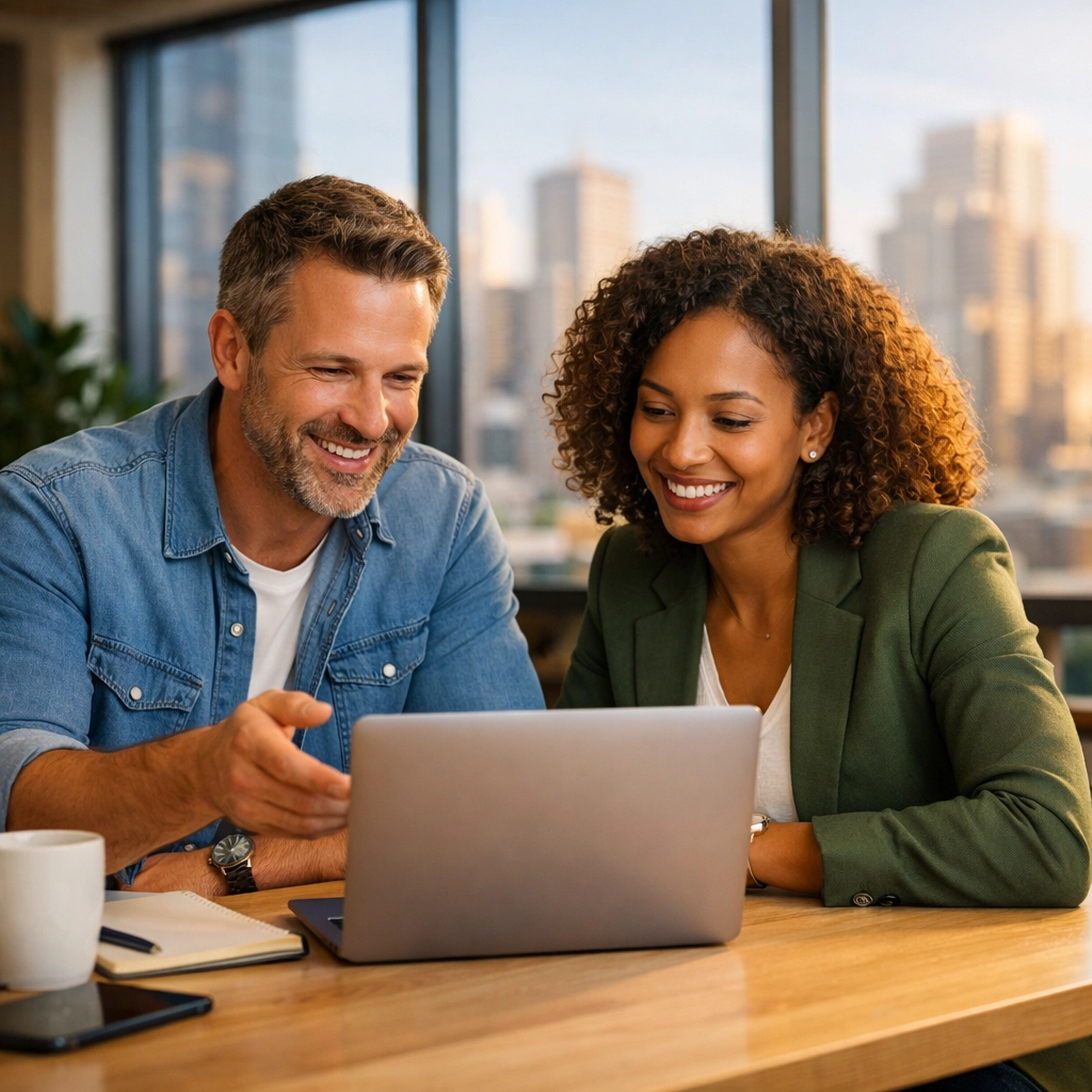 Small business partners discussing 2026 tax credits and financial strategy in a modern office.