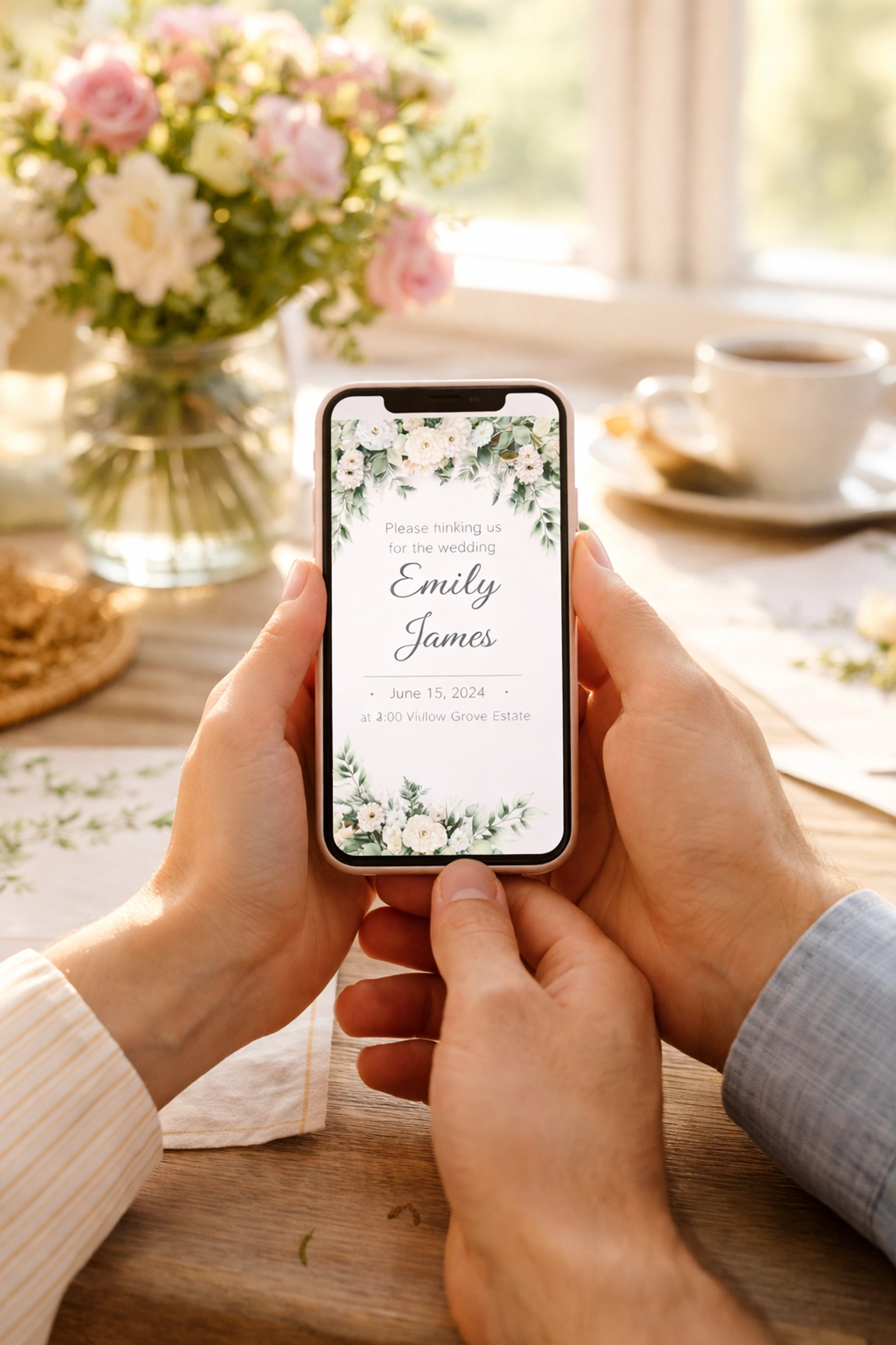 Couple using a smartphone to RSVP to a digital wedding invitation at a cozy breakfast table, symbolizing online wedding funding solutions.