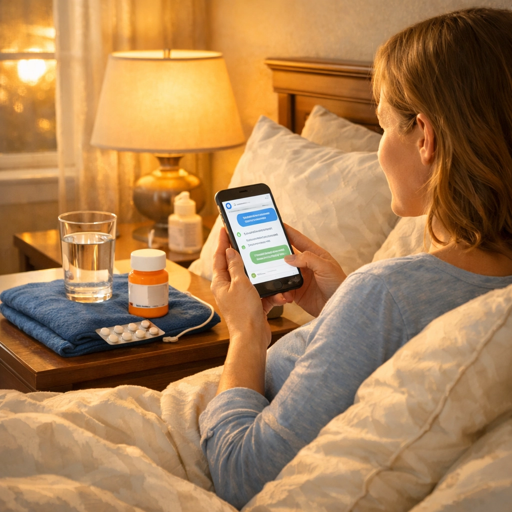 Woman managing UTI symptoms at home while consulting doctor through text-based telehealth