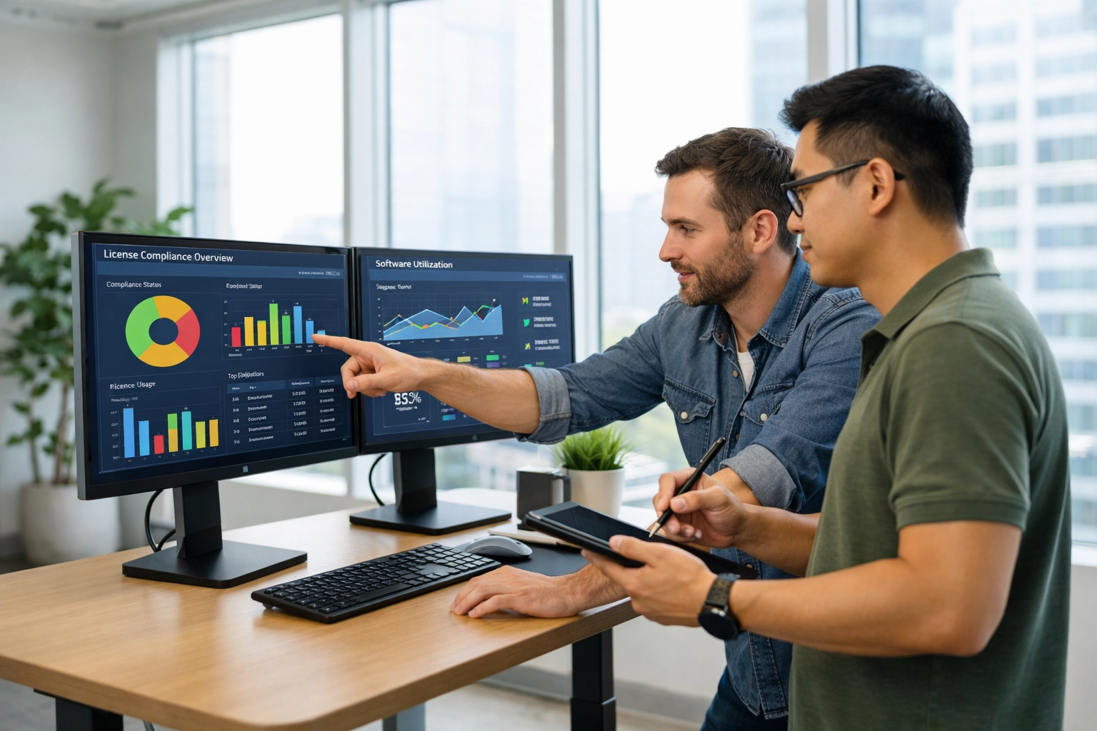 IT professionals reviewing ServiceNow license audit and ROI analysis dashboards
