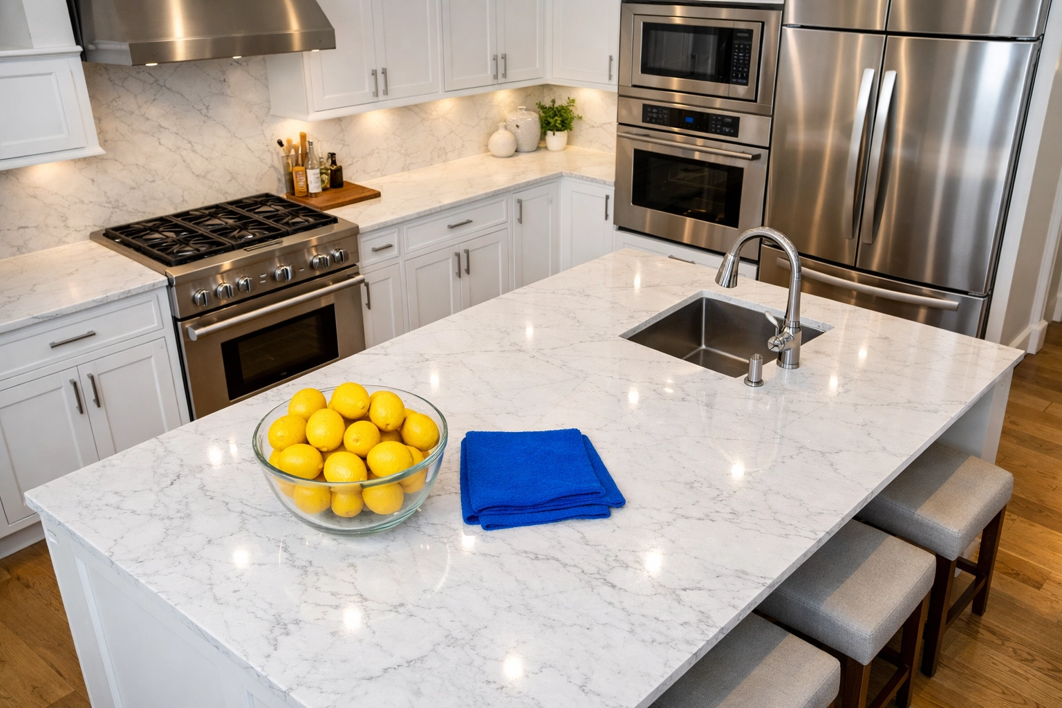 Spotless modern kitchen in North Attleborough with marble counters after professional house cleaning MA.