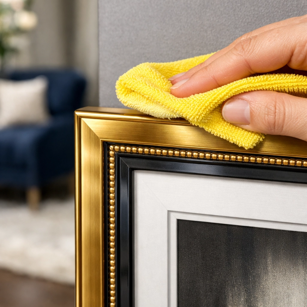 Detail-oriented dusting of a gold picture frame by expert house cleaners in Weston, MA.