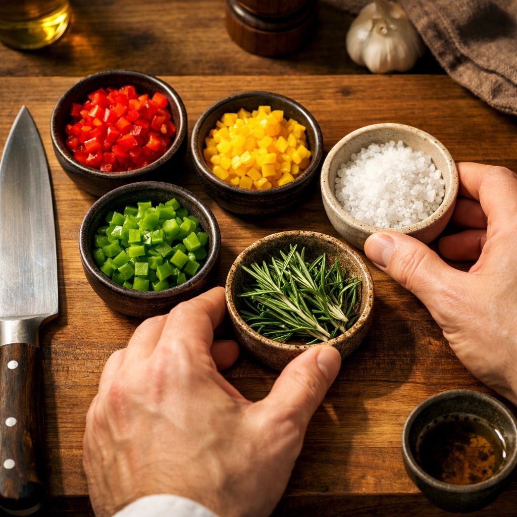 Chef's hands organizing ingredients in a Culinary Cockpit to establish kitchen control and focus.