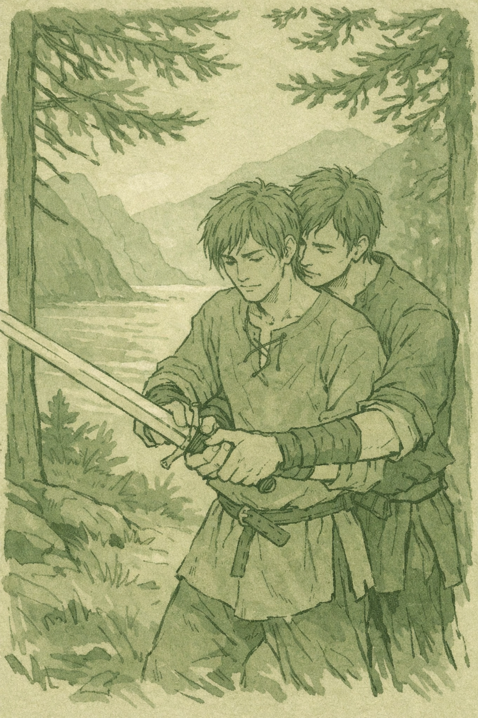 Norse warriors sword training in forest clearing - forbidden MM romance in Viking Age