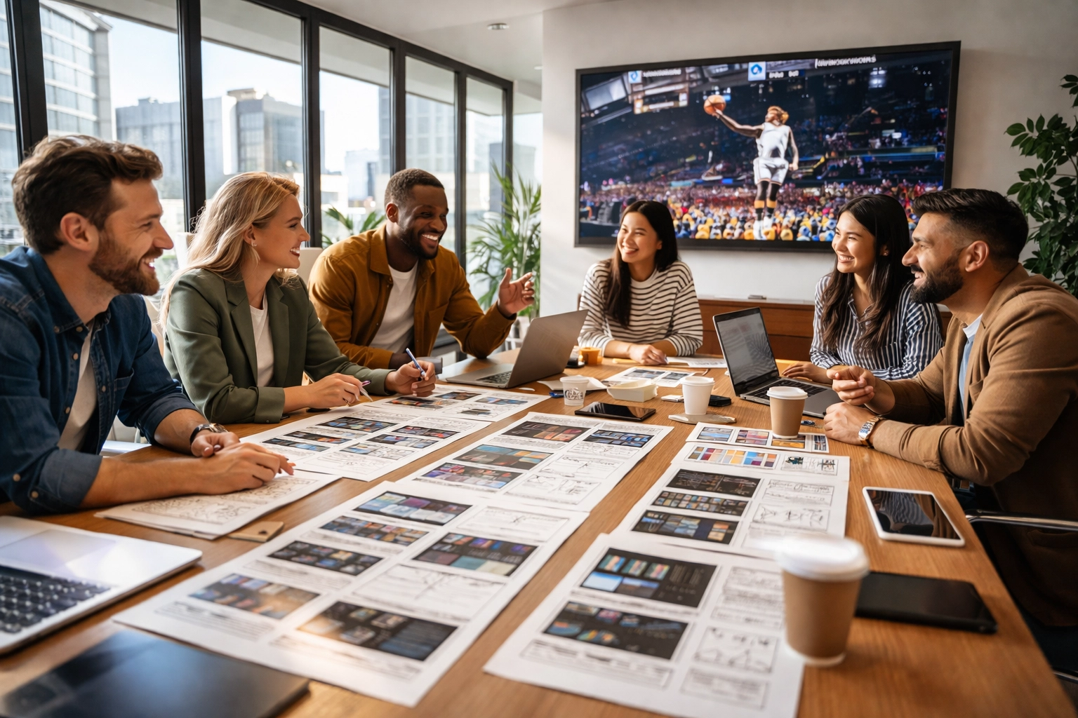 Diverse creative team collaborating in a conference room on sports and entertainment content strategy
