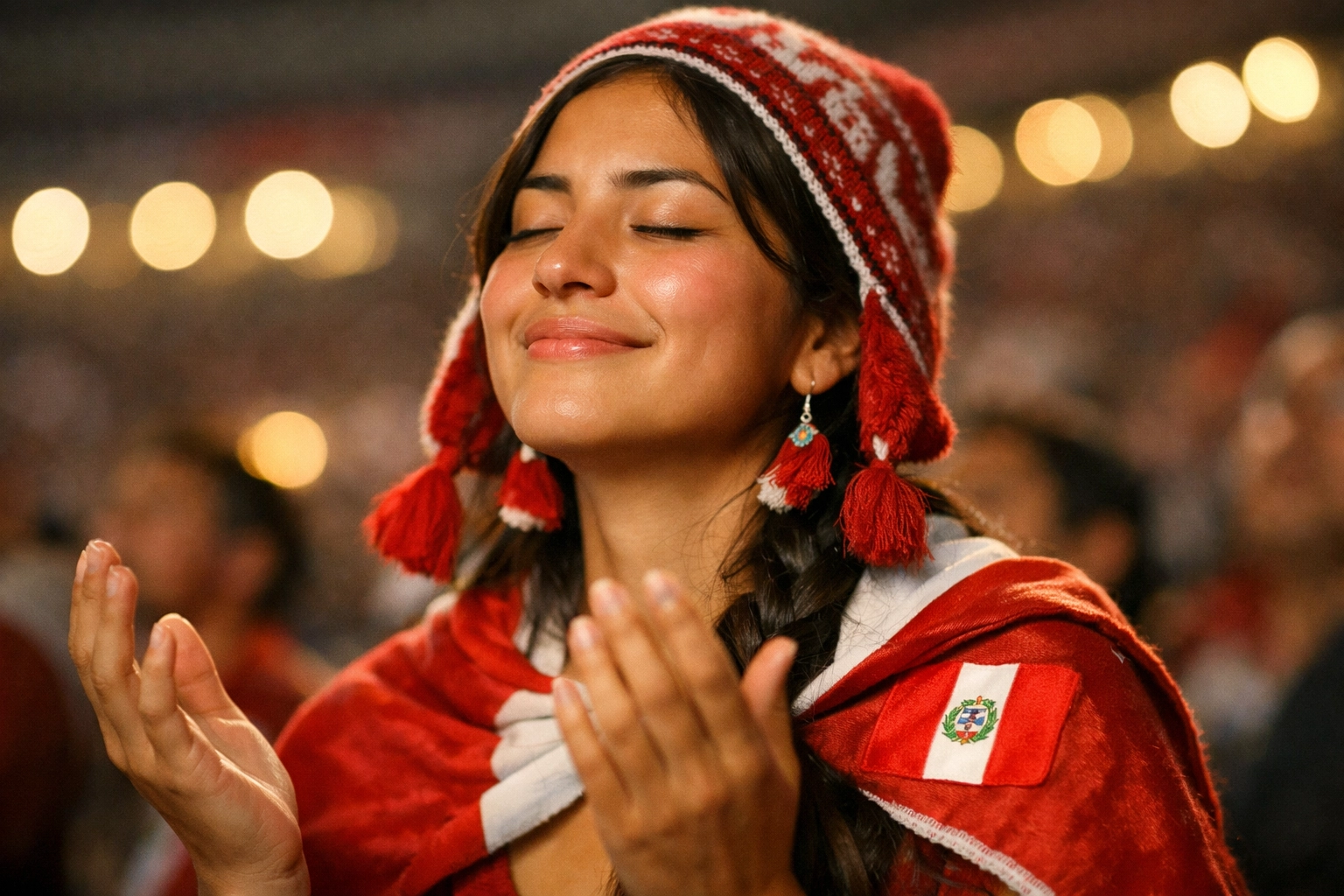 Close-up of a woman in prayer at the Lima festival, showing joy and peace after a spiritual decision.