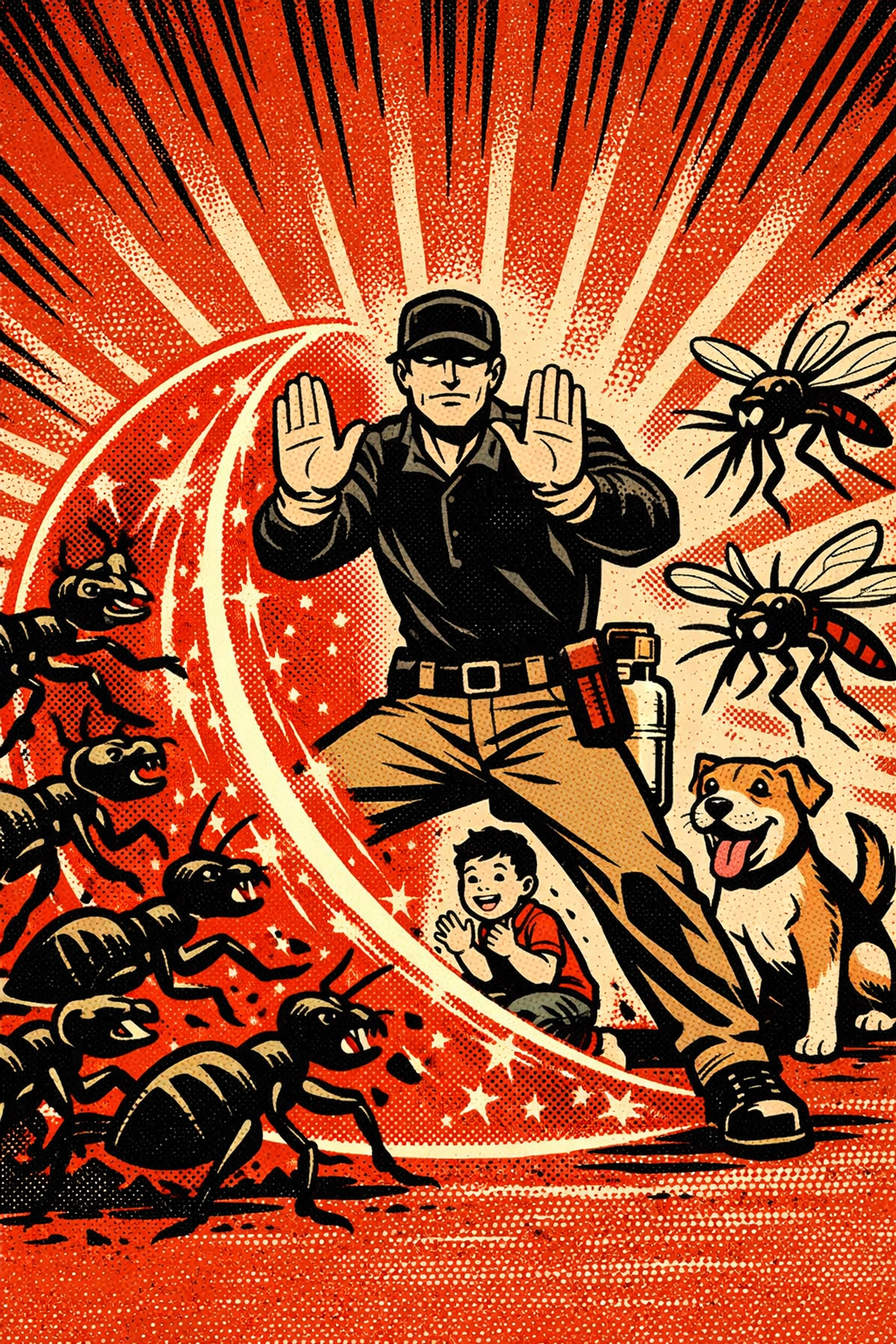 Pet-friendly Birmingham pest control tech protecting kids and dog from ants and mosquitoes