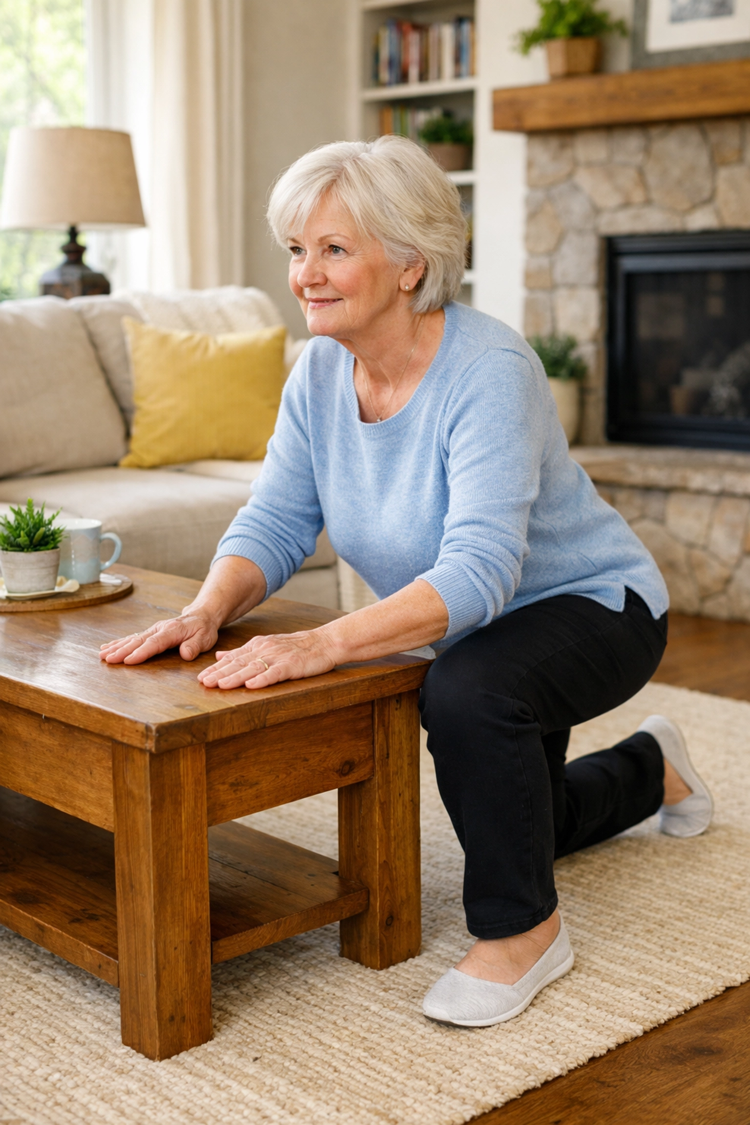 Older woman kneeling beside coffee table preparing to stand up safely after falling