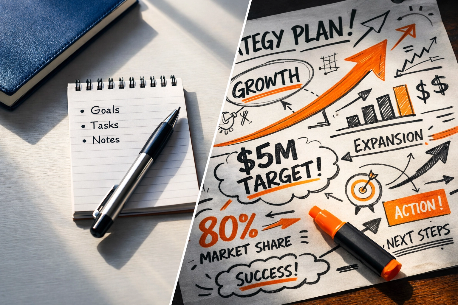 Small notepad versus strategic planning board showing contrast between modest and big business goals