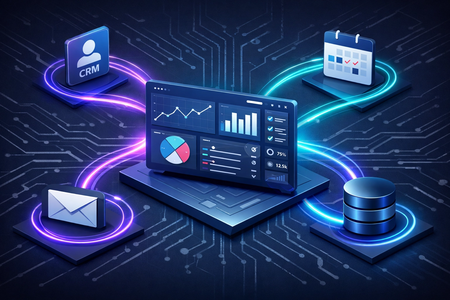 Business process automation connecting CRM, database, and workflow tools
