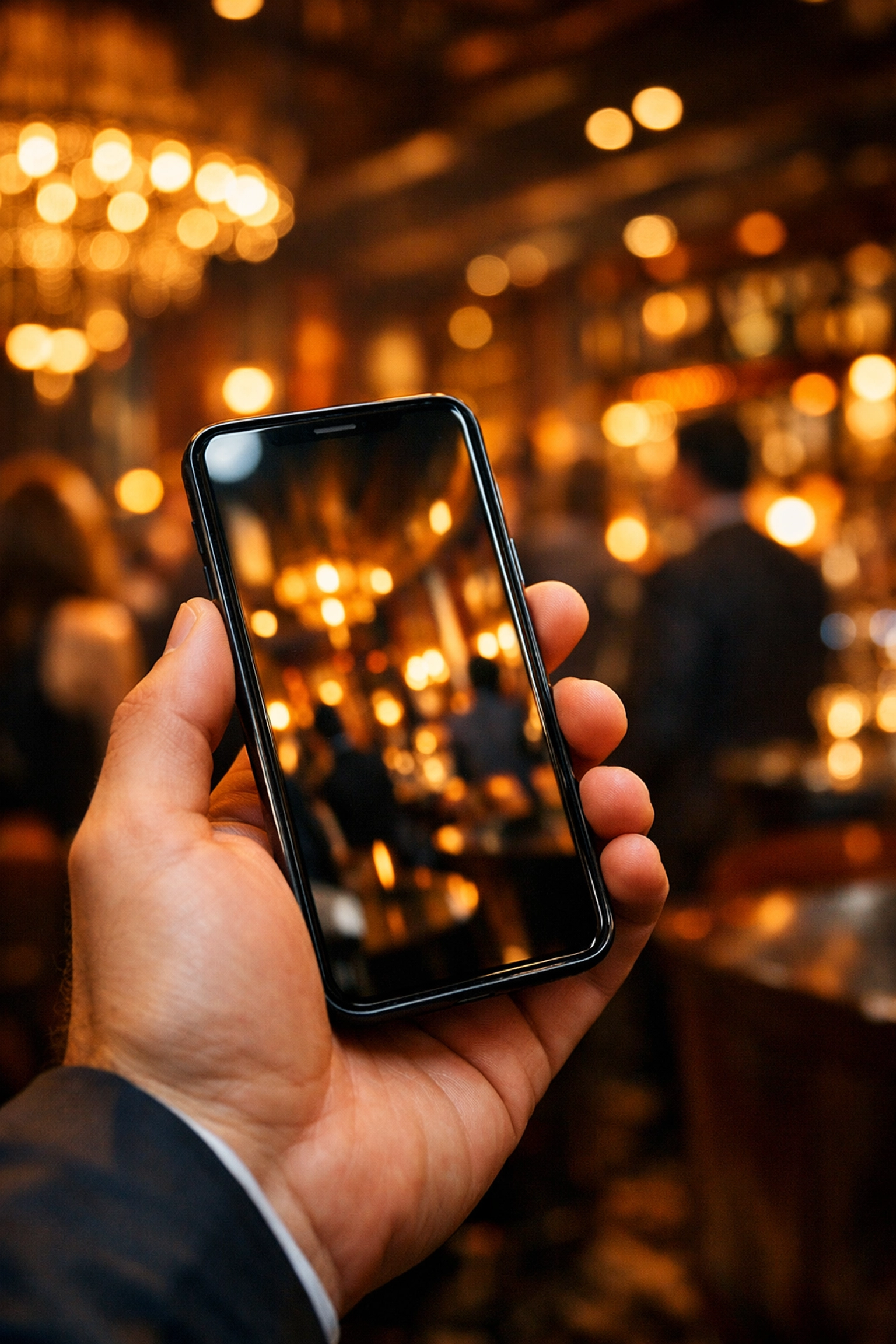 A person holding a smartphone in a luxury Medellin lounge, illustrating digital privacy and mobile security risks.