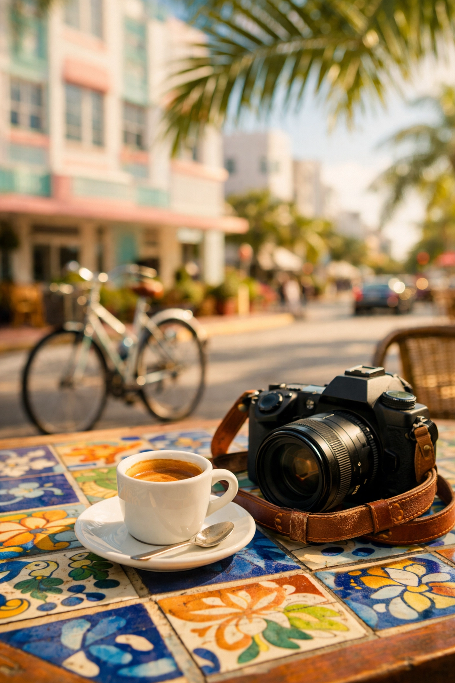A professional camera and espresso at a Miami cafe, showcasing a lifestyle brand photography style.