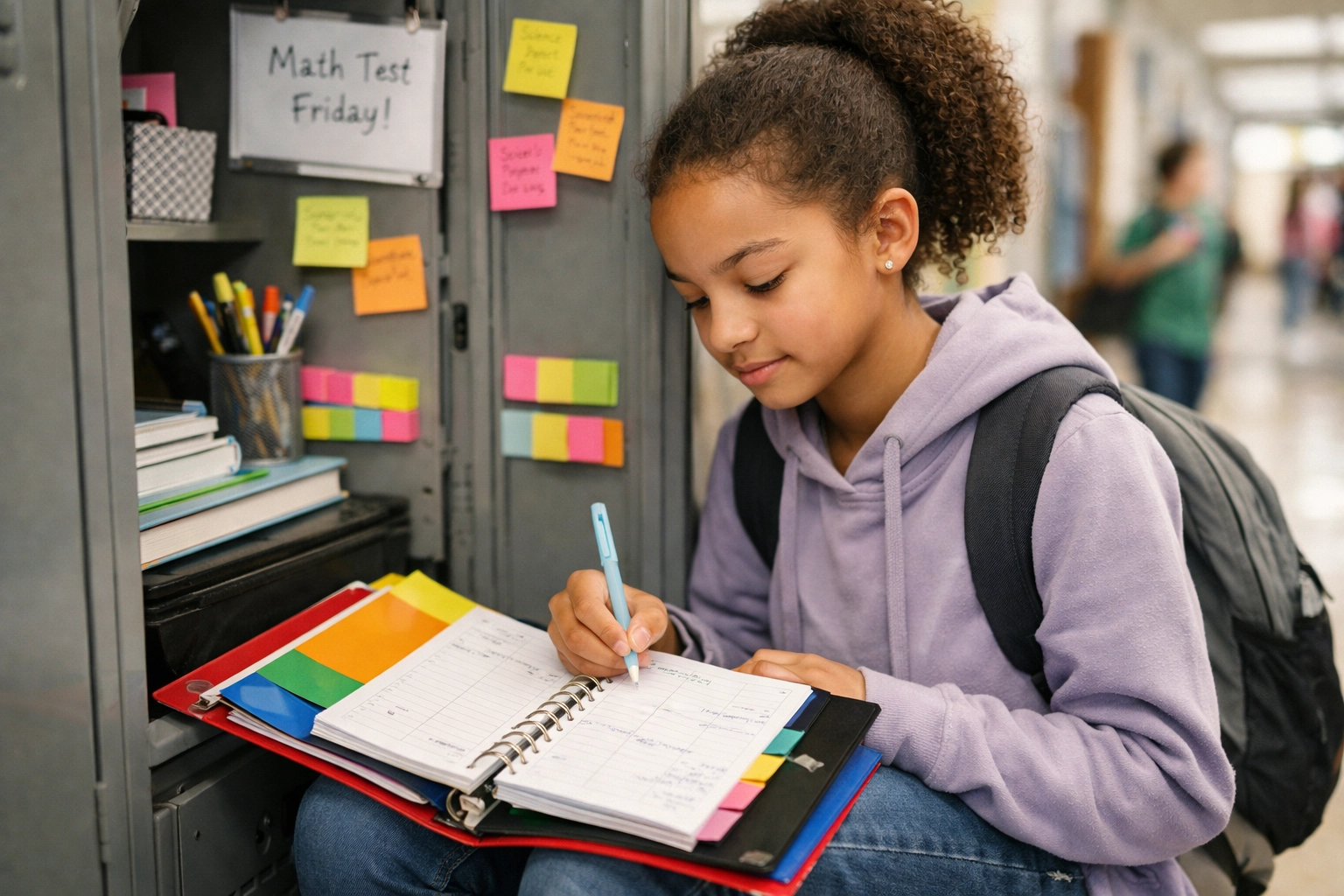 A student using a color-coded binder and planner system in a school setting