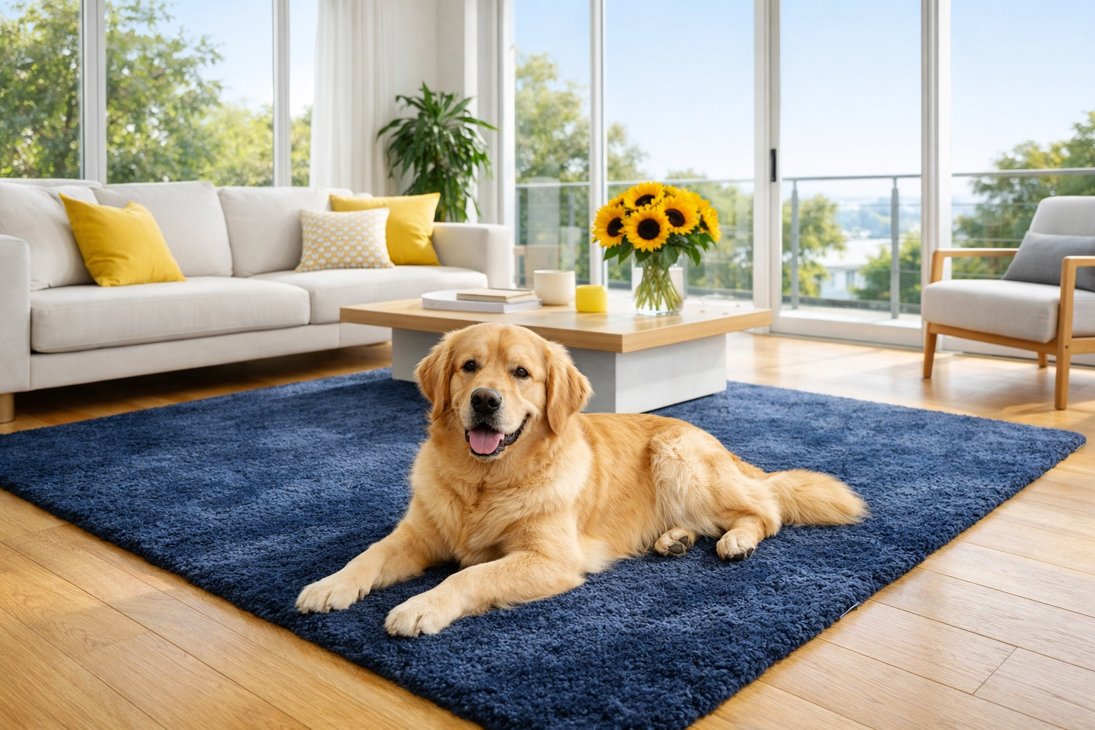 Happy Golden Retriever on a clean area rug in a pet-friendly home with non-toxic floors.