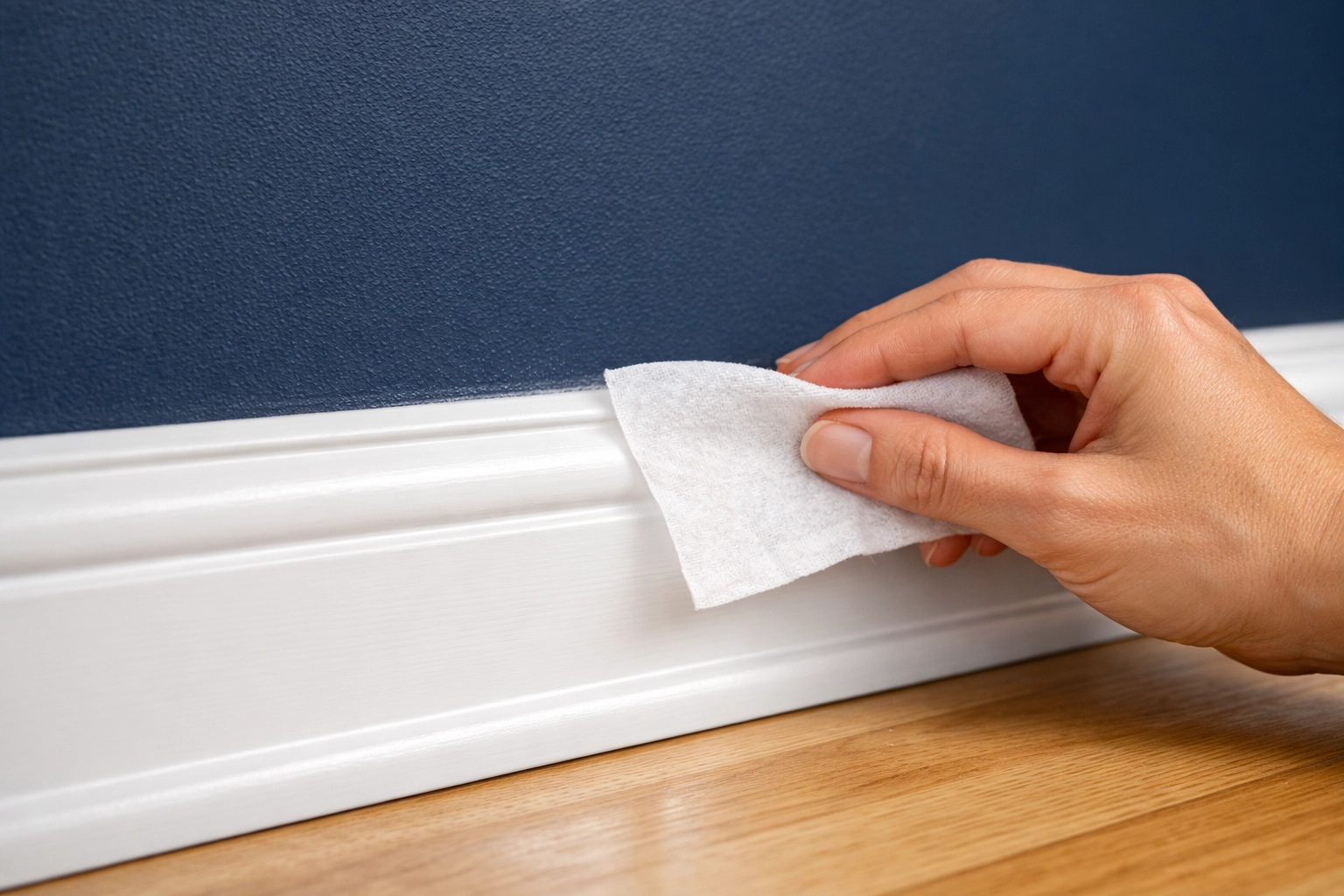 Cleaning white wooden baseboards with a dryer sheet to remove dust and prevent static buildup.