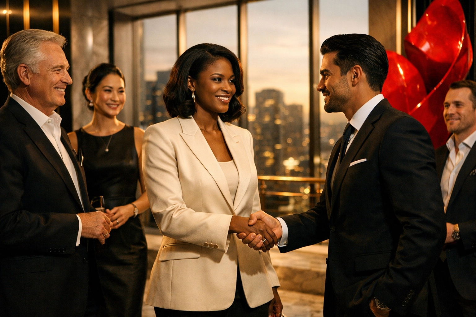 Empowered diverse entrepreneurs shaking hands in a modern office, celebrating newcomers and faith-based business growth.