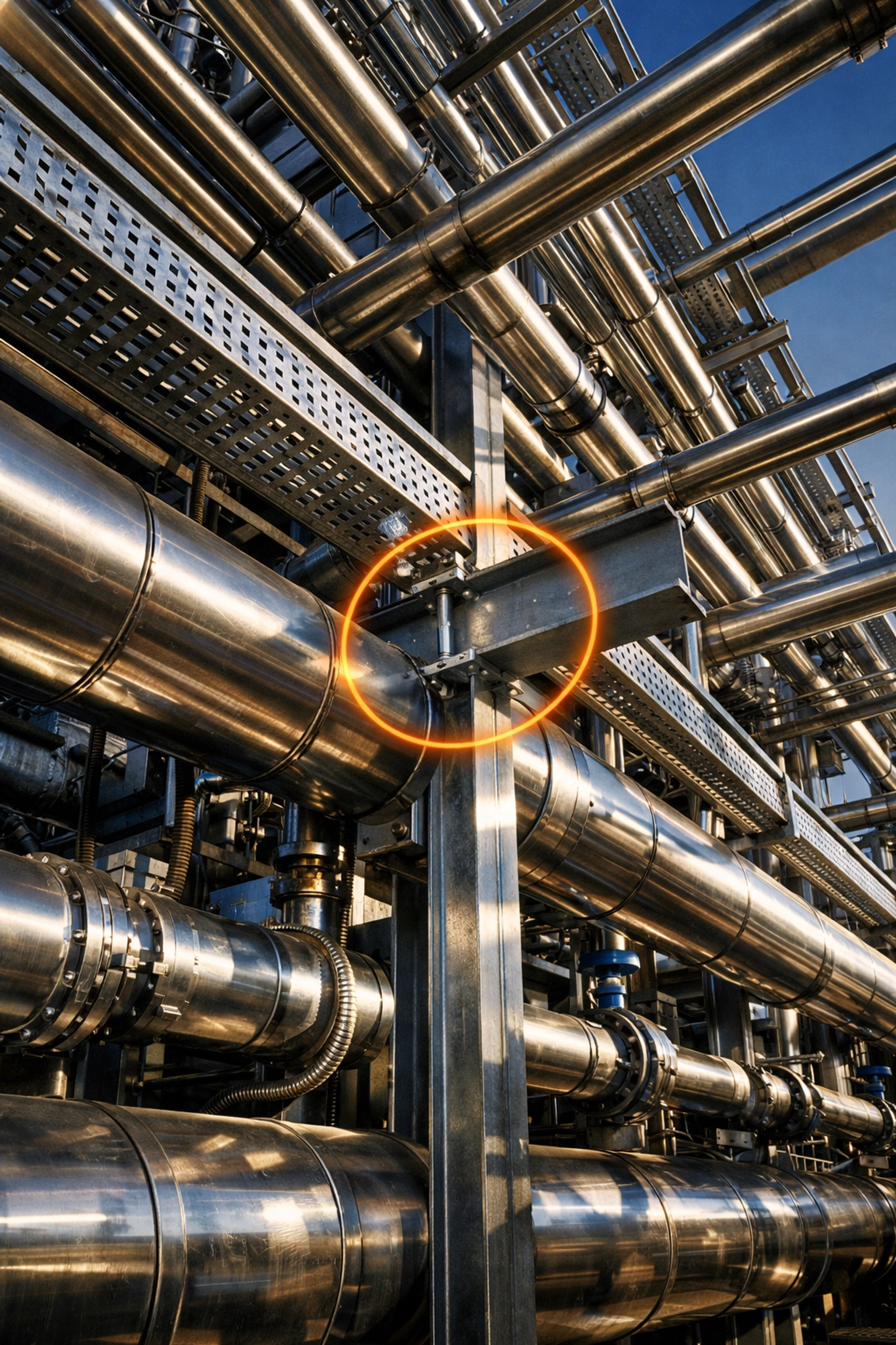 Industrial refinery pipe rack with digital clash detection highlighting interference in plant design.