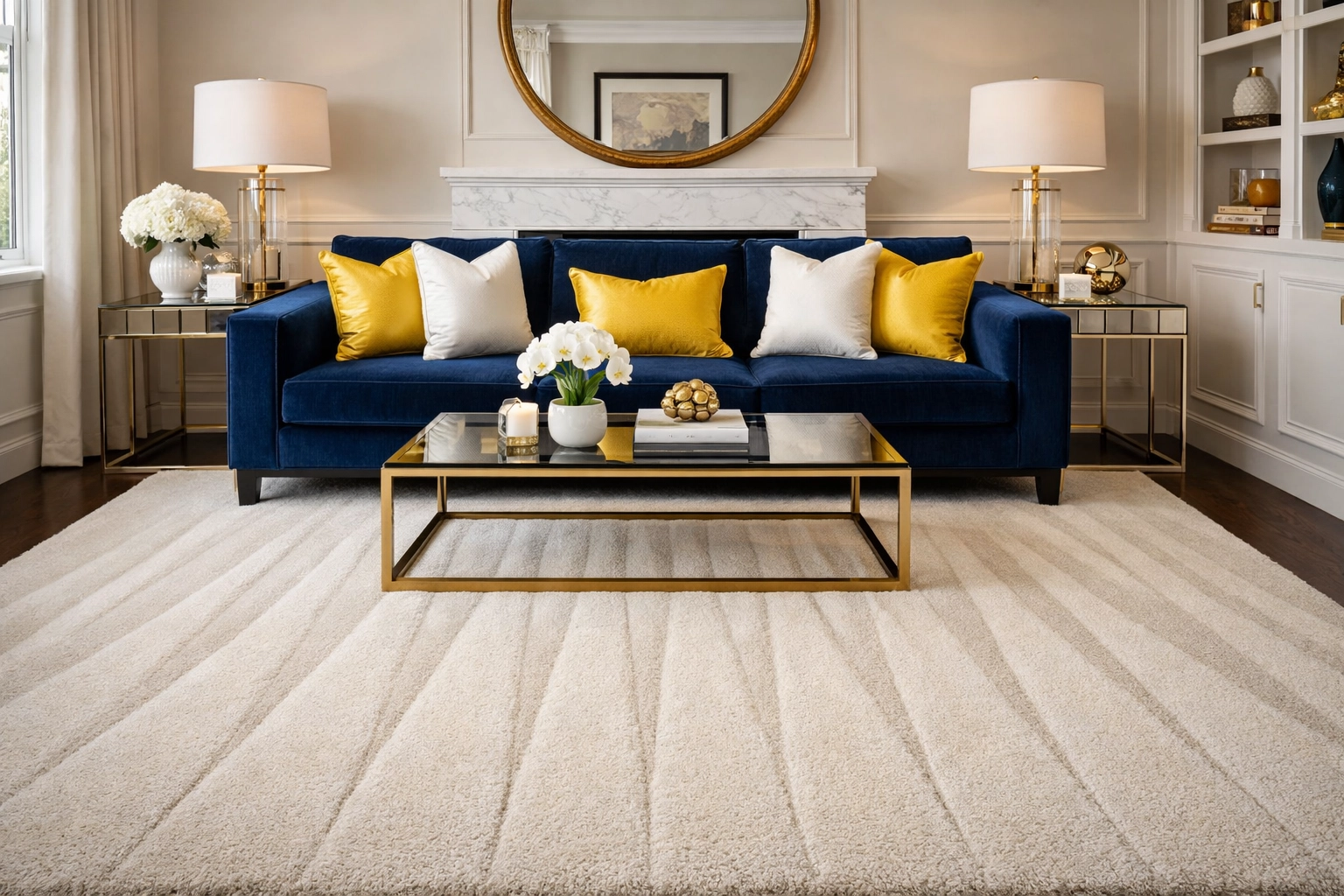Pristine Dover living room featuring vacuum lines on rug after professional residential cleaning Massachusetts.