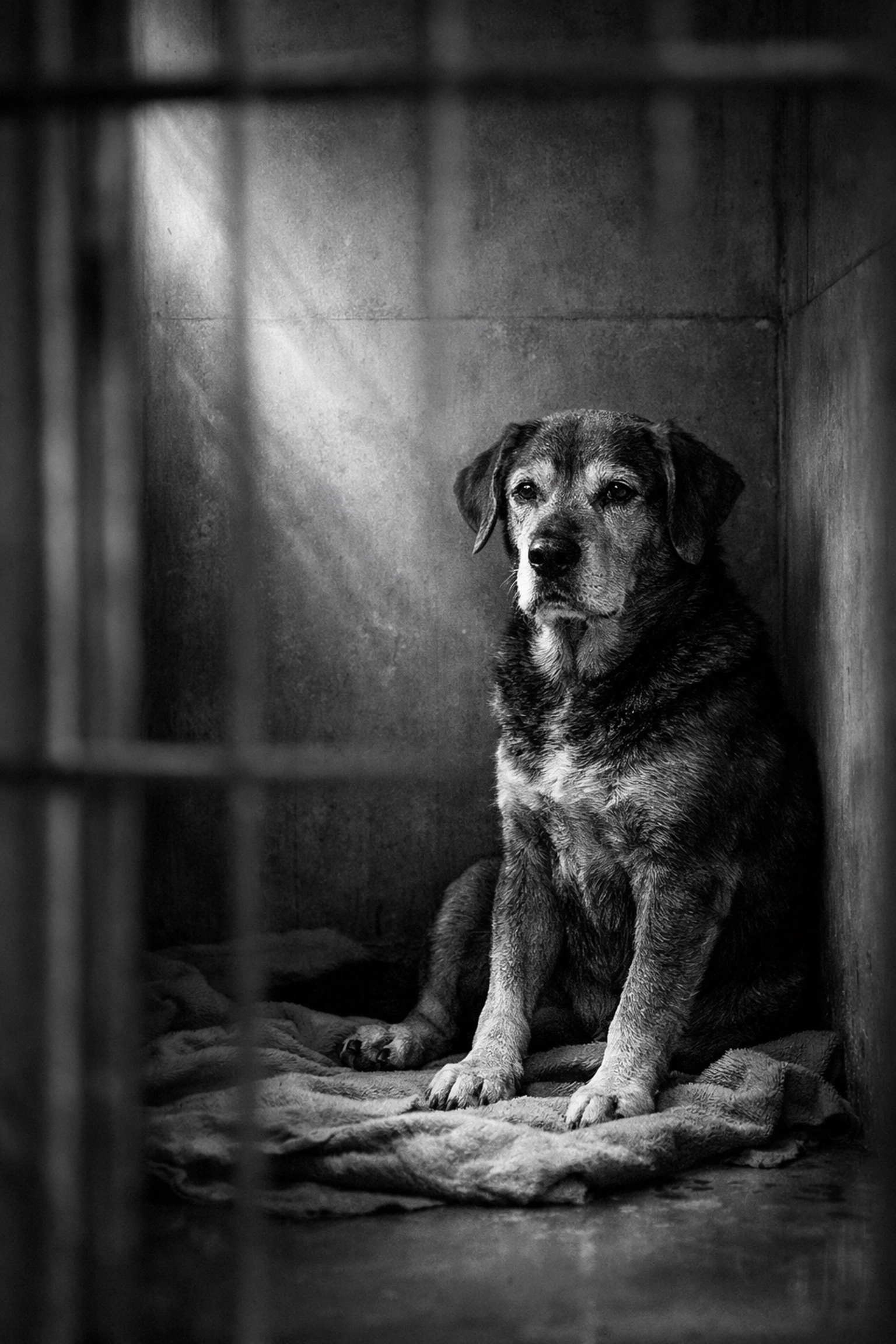 Senior dog waiting in shelter kennel hoping for adoption and a second chance