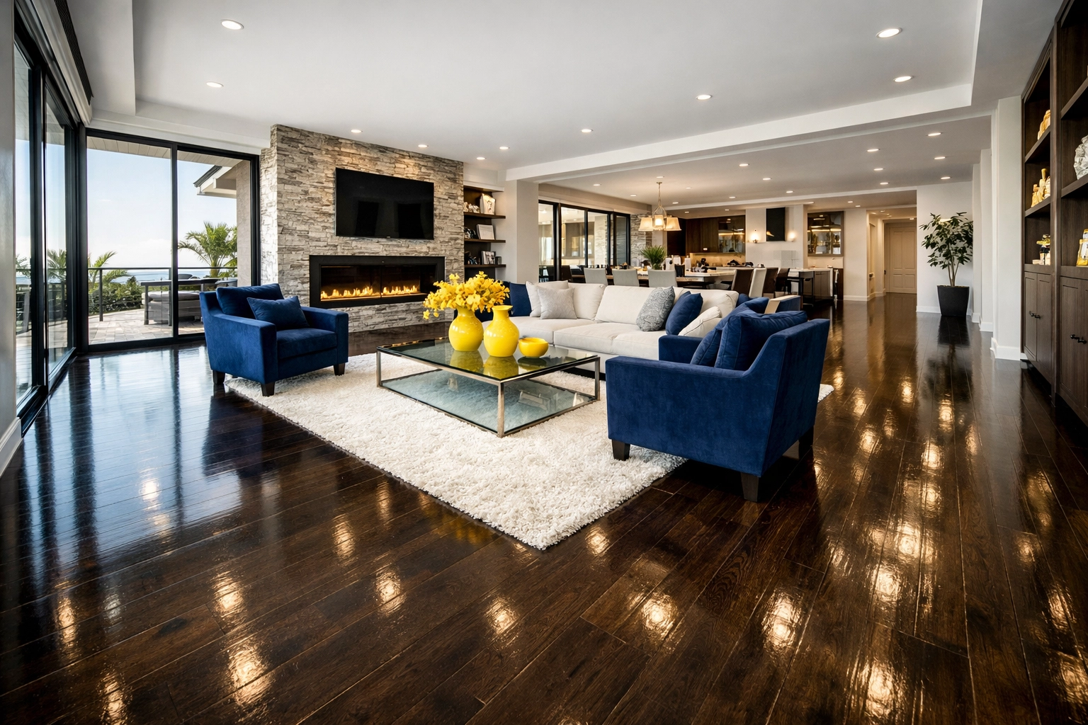 Spotless luxury living room with clean dark-stained wood floors and elegant navy blue and yellow decor.