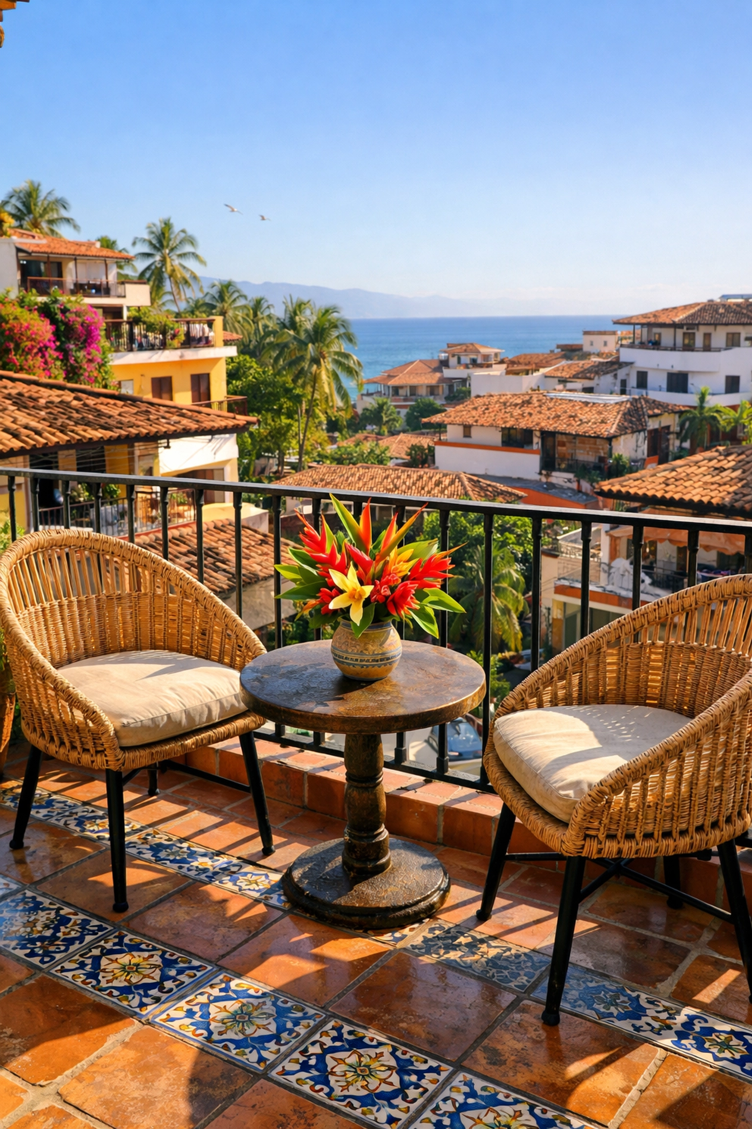 Private balcony in Zona Romántica Puerto Vallarta condo with ocean view and tropical scenery