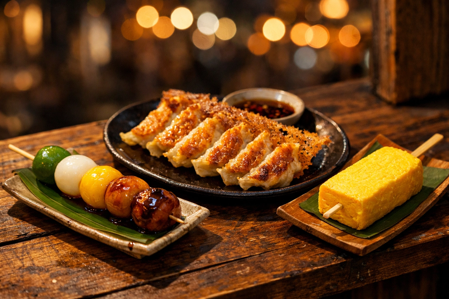 An assortment of Japanese street food favorites like gyoza and tamagoyaki in a Tokyo night market.