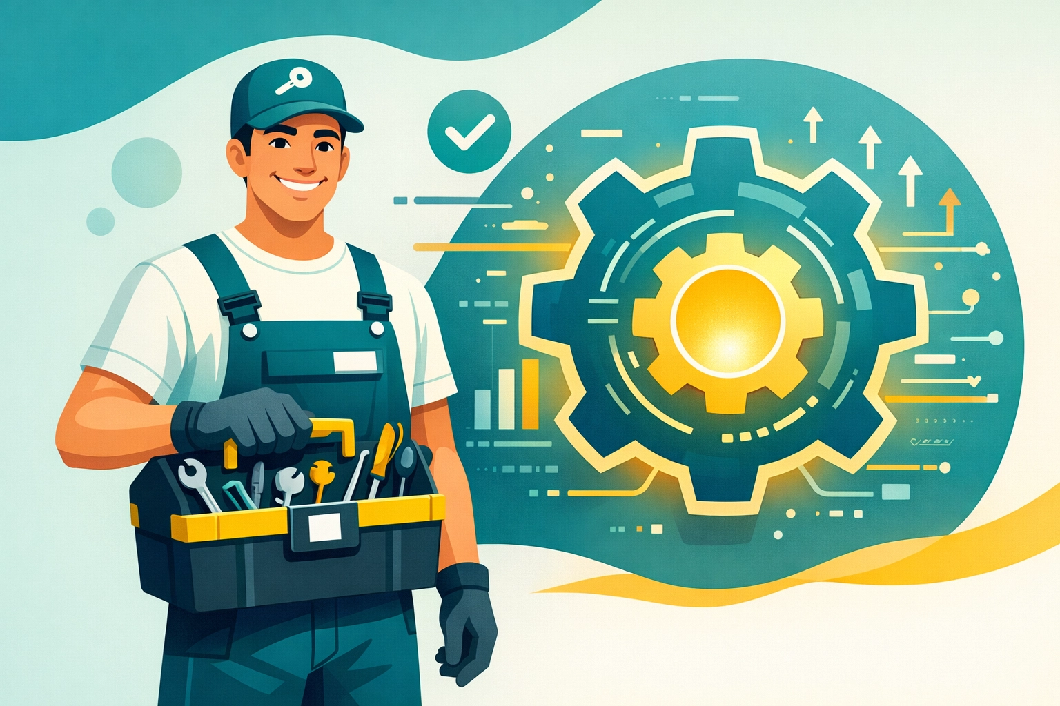 Professional locksmith with a toolkit next to a digital gear representing smart business efficiency.