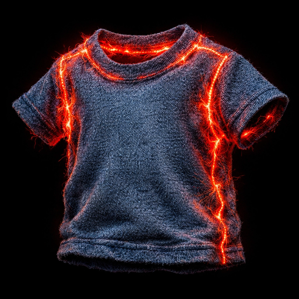 Illustration of glowing shirt seams representing cortisol spikes and physical stress from uncomfortable clothing.