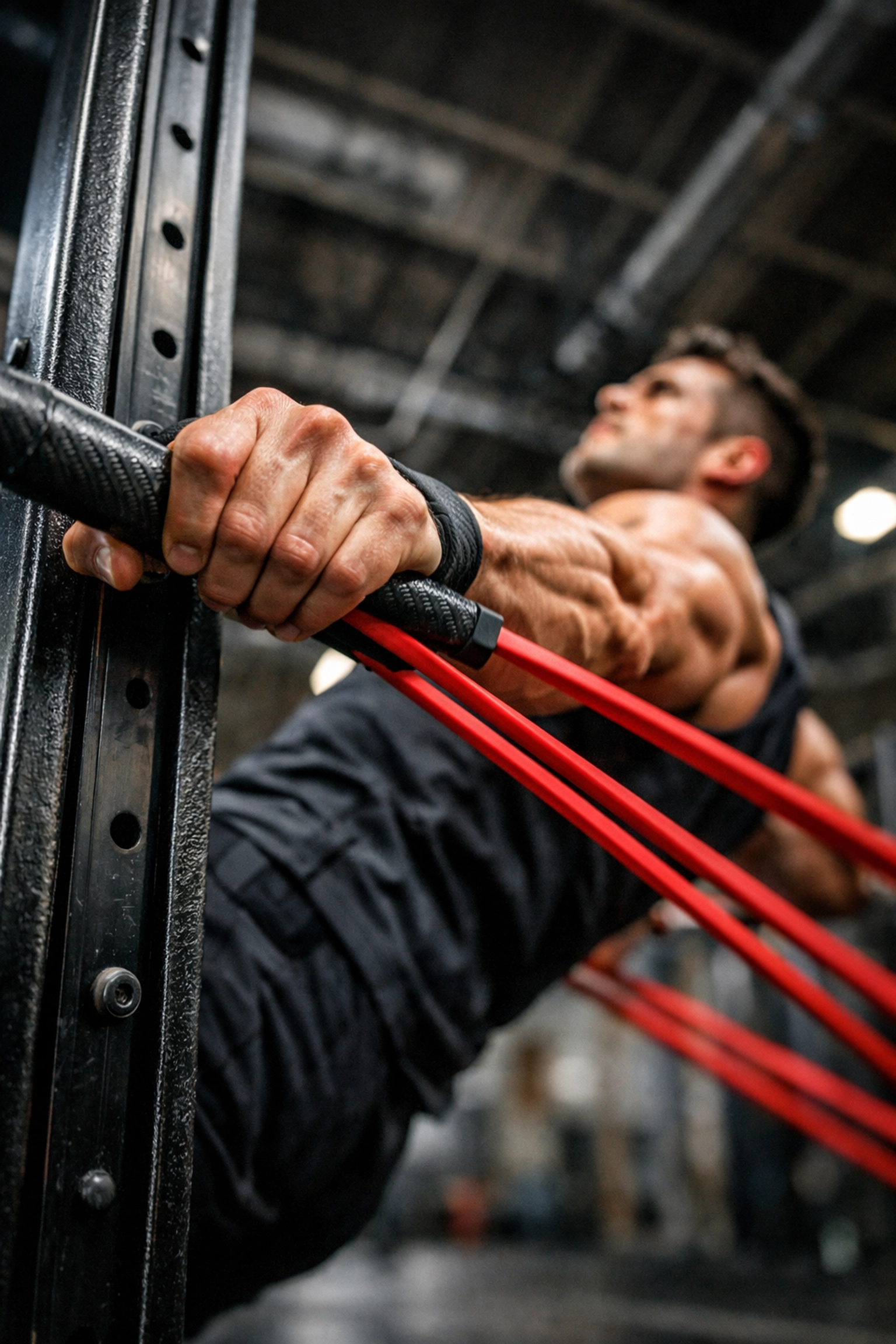 Calisthenics practitioner using heavy resistance bands on a floor to ceiling gym rail.