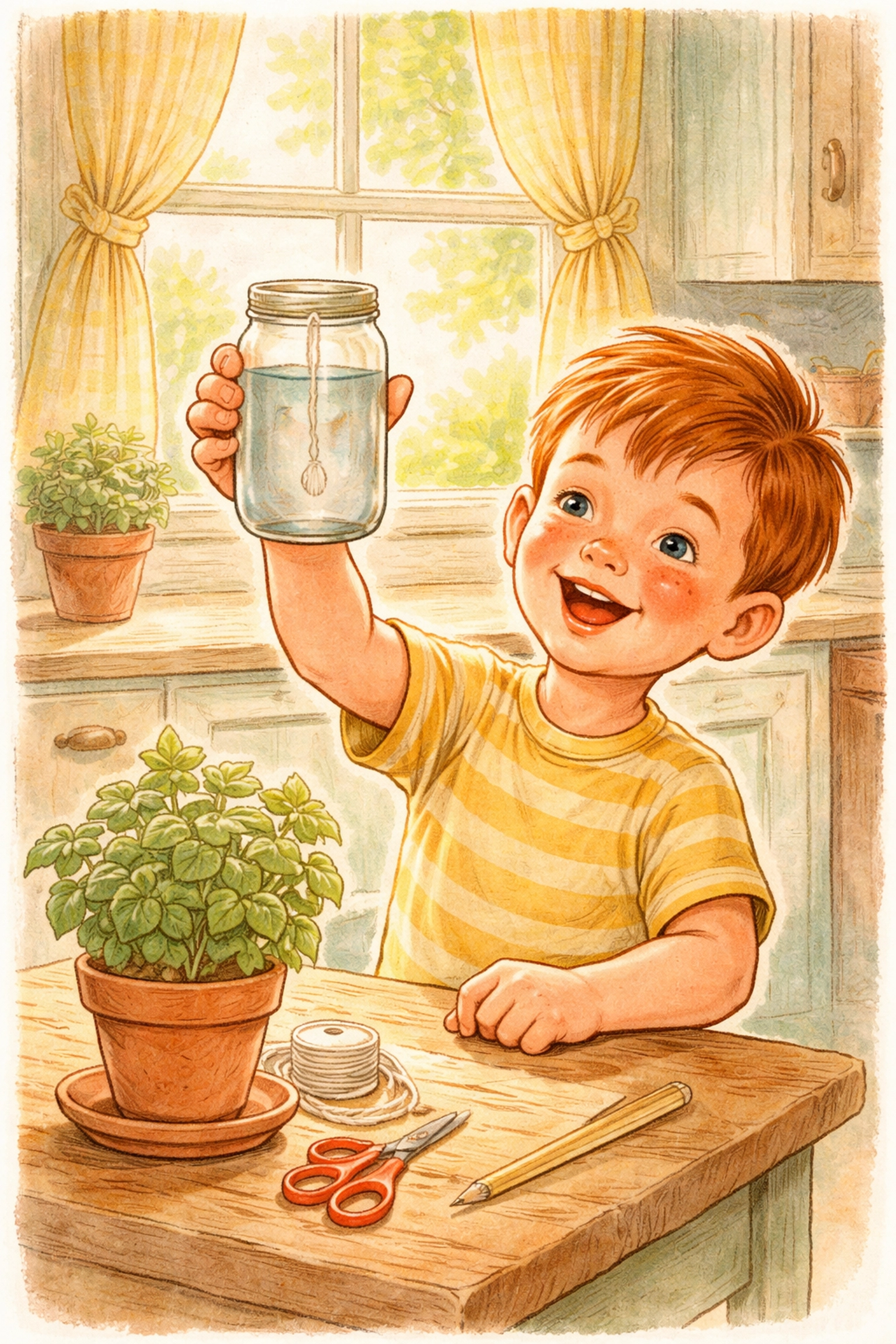 Child demonstrates DIY self-watering plant system using a glass jar and cotton string in a sunny kitchen