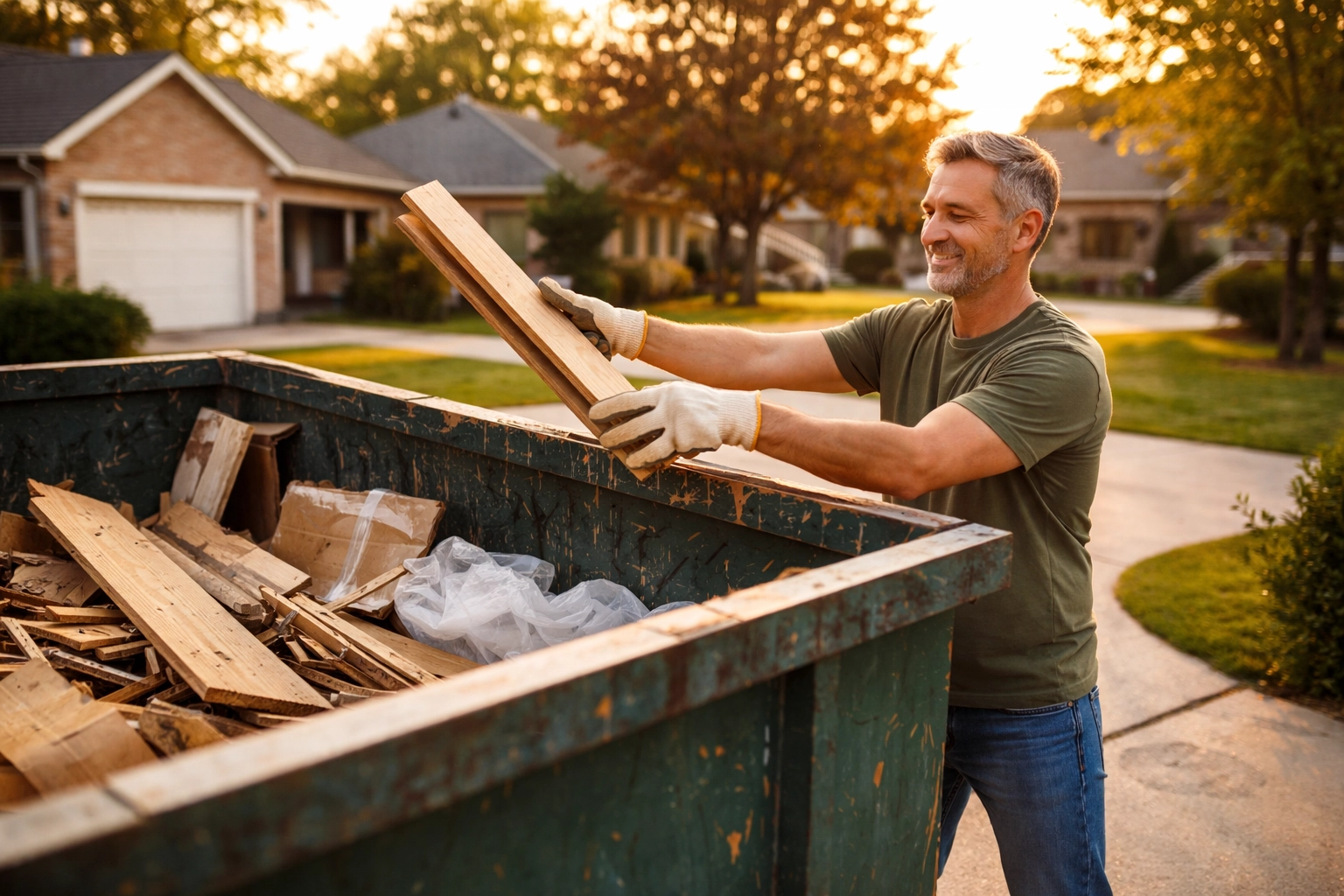 Homeowner tossing debris into a driveway dumpster, showing easy junk removal in a Tulsa neighborhood.