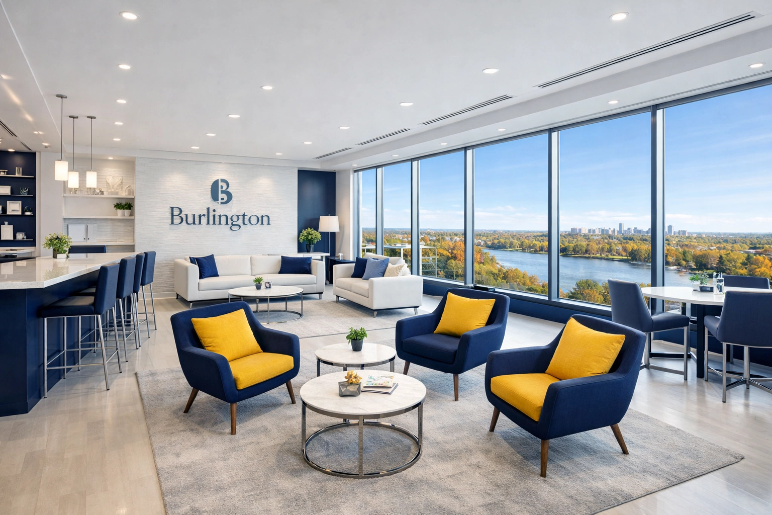 A clean and organized Burlington corporate lounge with large windows promoting a fresh and productive work environment.