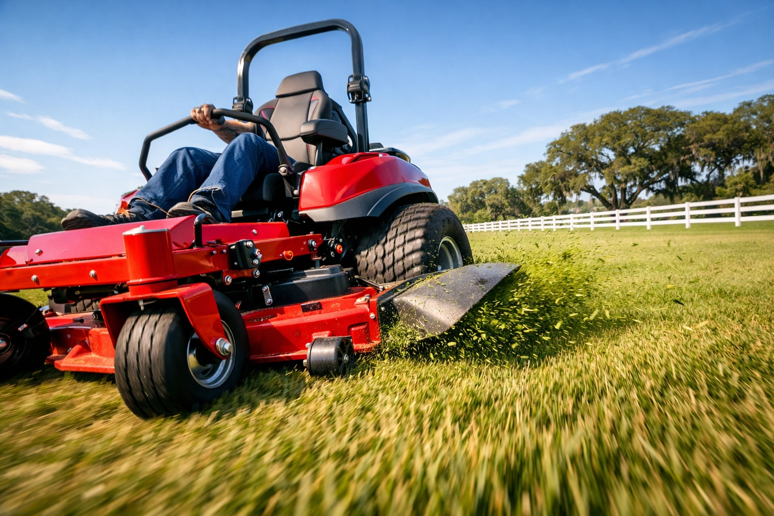 Gravely zero-turn mower cutting lush grass on a Florida field at Ocala Tractor LLC.